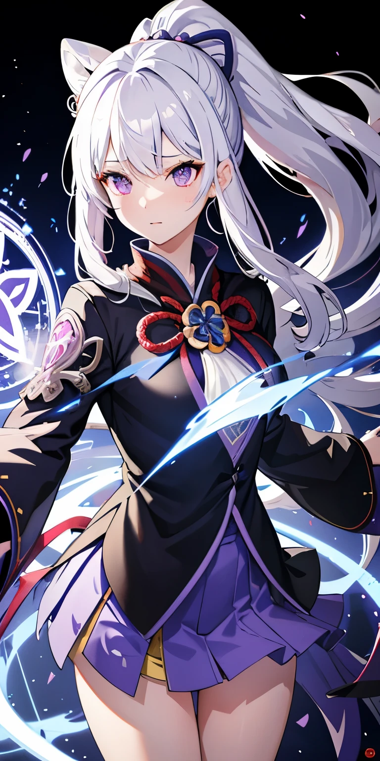 1 girl, japanese clothes, ponytail ,white hair, purple eyes, magic circle, blue flame, blue flame, wallpaper, landscape, Blood, Blood splatter, depth of field, night, light particles, light, side light, thigh, destiny \(series\), Genshin Impact, ****, open jacket, skirt, Raise your legs high, cloud