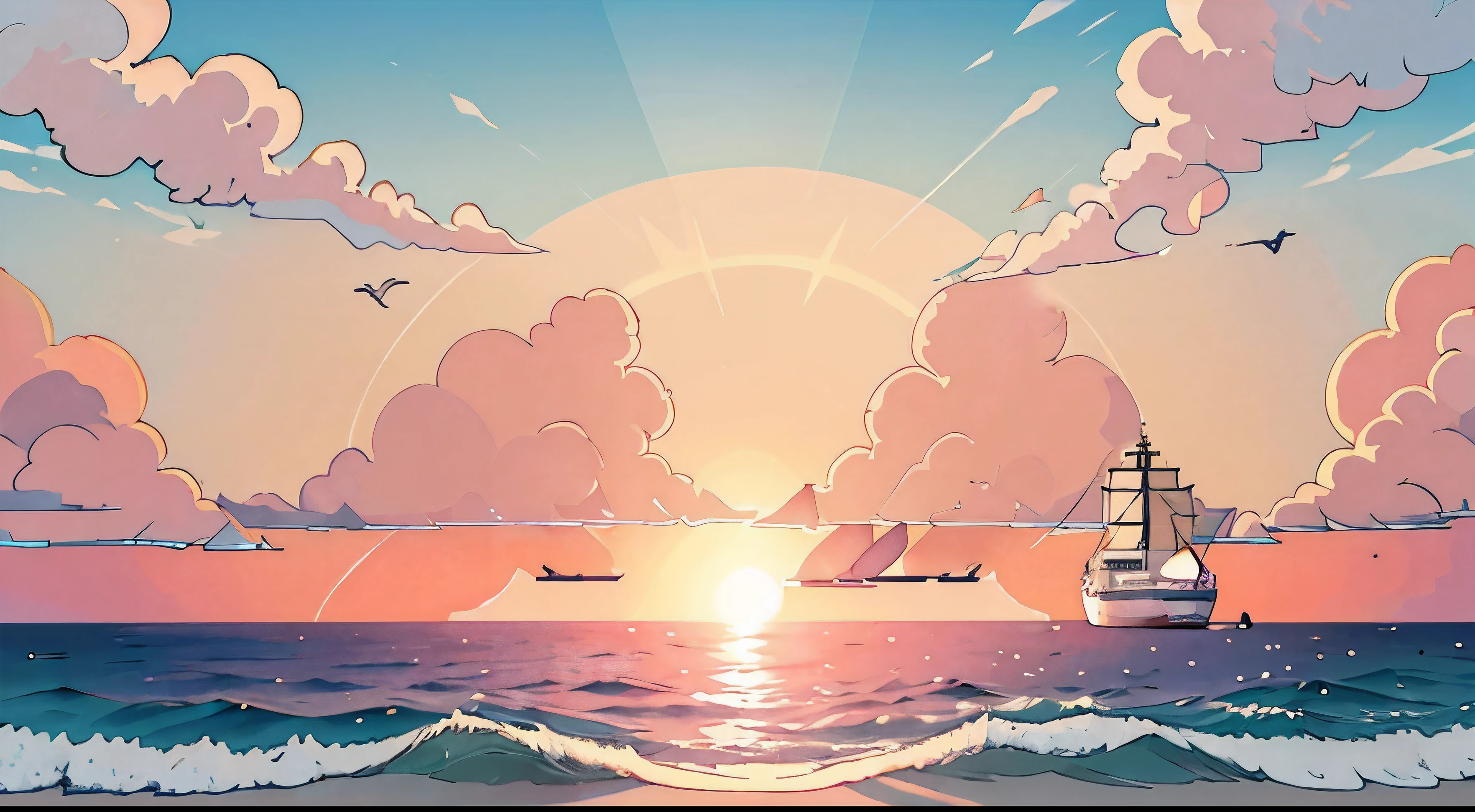 Ocean bank  beautiful Scene,  sun behind it  with many cruise ships, 8k resolution 