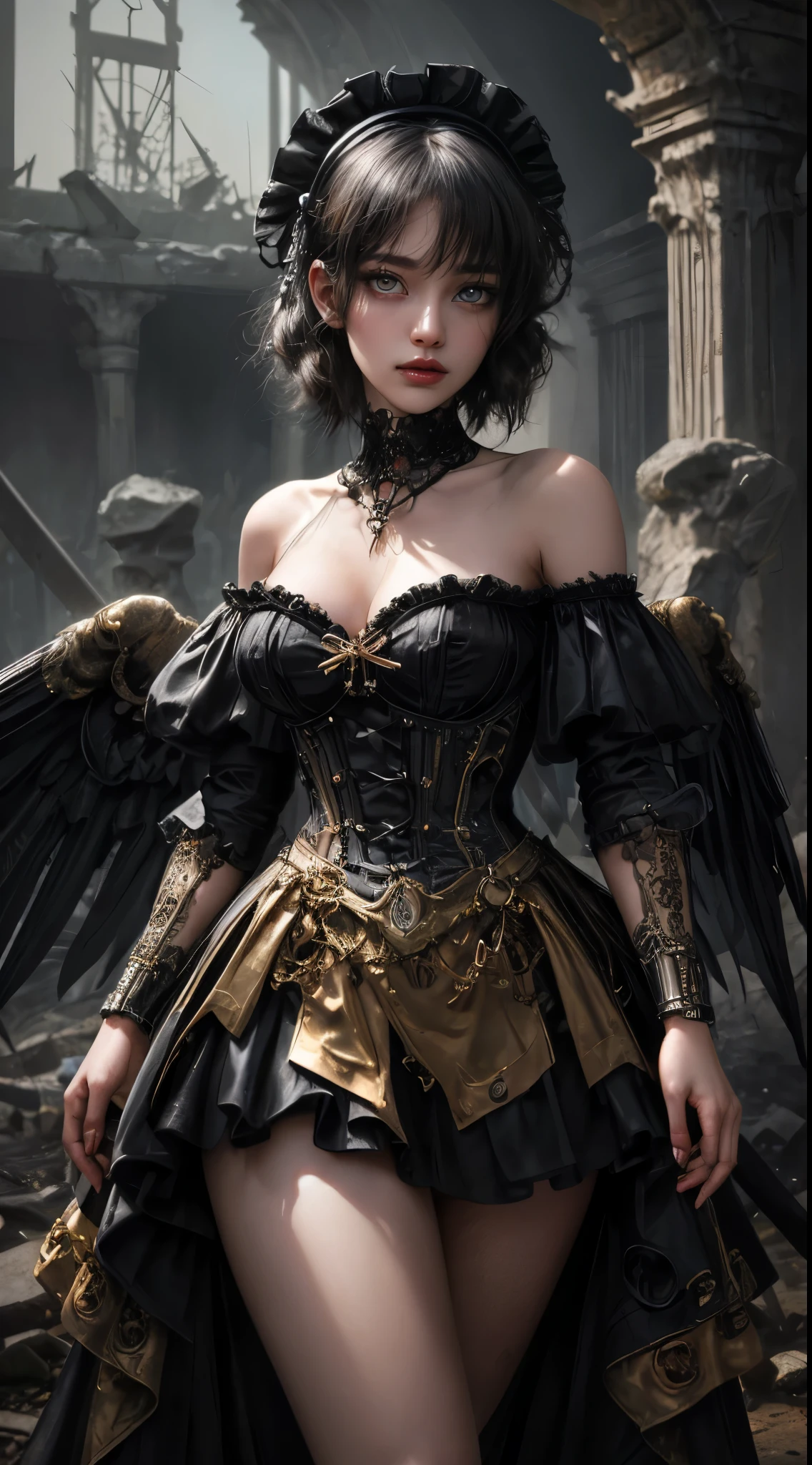 Mechanical doll girl, very cute and very adorable, (((very super realistic))), (((very realistic and precise eyes))), (((Victorian rococo, metallic textures, shiny metal, shiny clothes like metal, gothic and ta, off the shoulder, very excessive steampunk))), (((intricate mechanical wings))), (((decadent surrealism))), 14 yry short bob with bangs, jet black glossy hair, flared pleated miniskirt with lace and frills, skeleton body, iridescent glow, background details, organic, neon tube connections. Special enchantments, special magic, (((very dark dramatic cinematic lighting, very dark ruins, deep depth of field))), (((very large slanted big eyes, glowing black eyes))), long eyelashes, thin nose, small mouth, glossy beige lips, thin chin, clear white glossy skin and slender body.