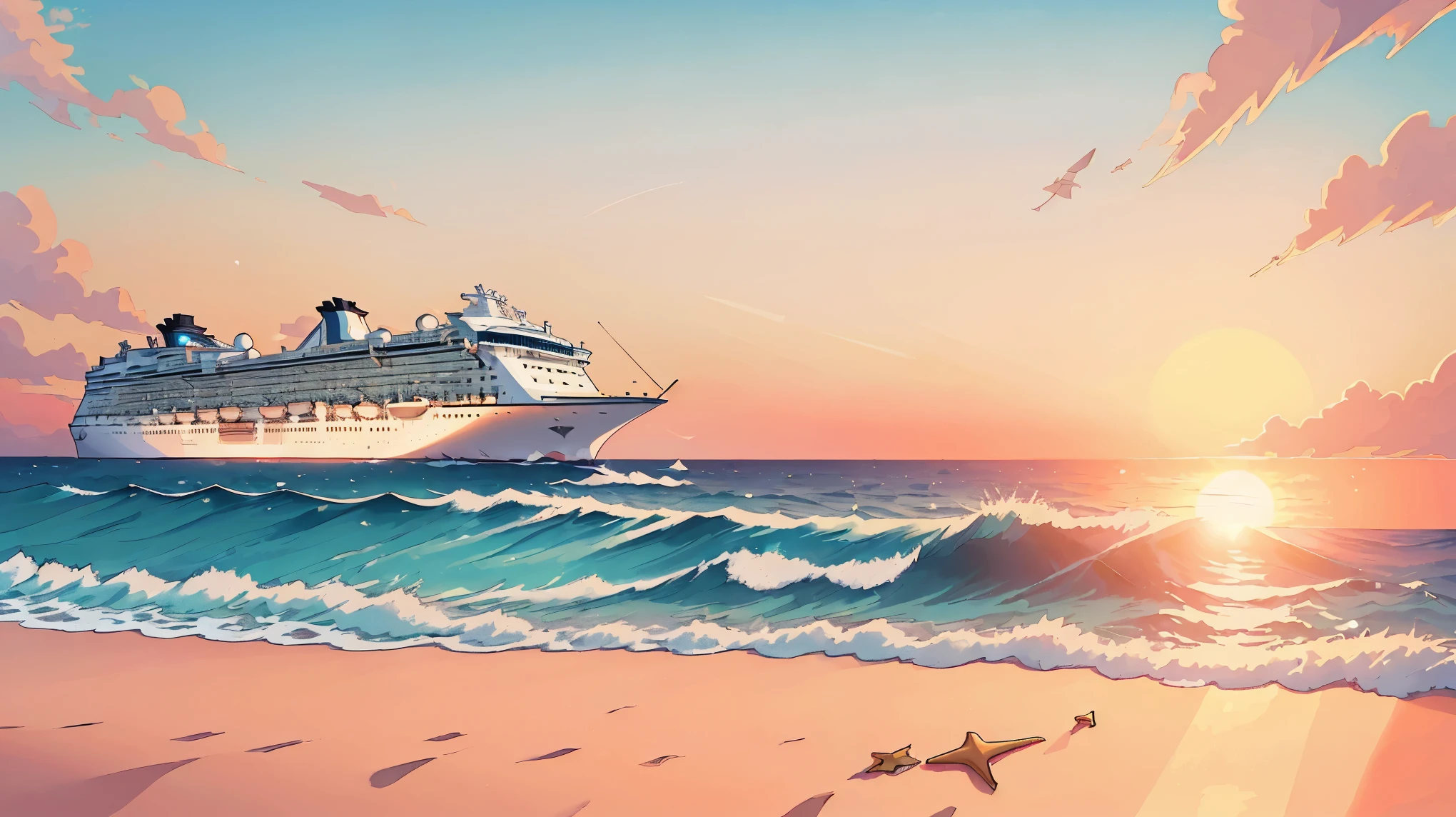 Ocean bank  beautiful Scene,  sun behind it  with many cruise ships, 8k resolution 
