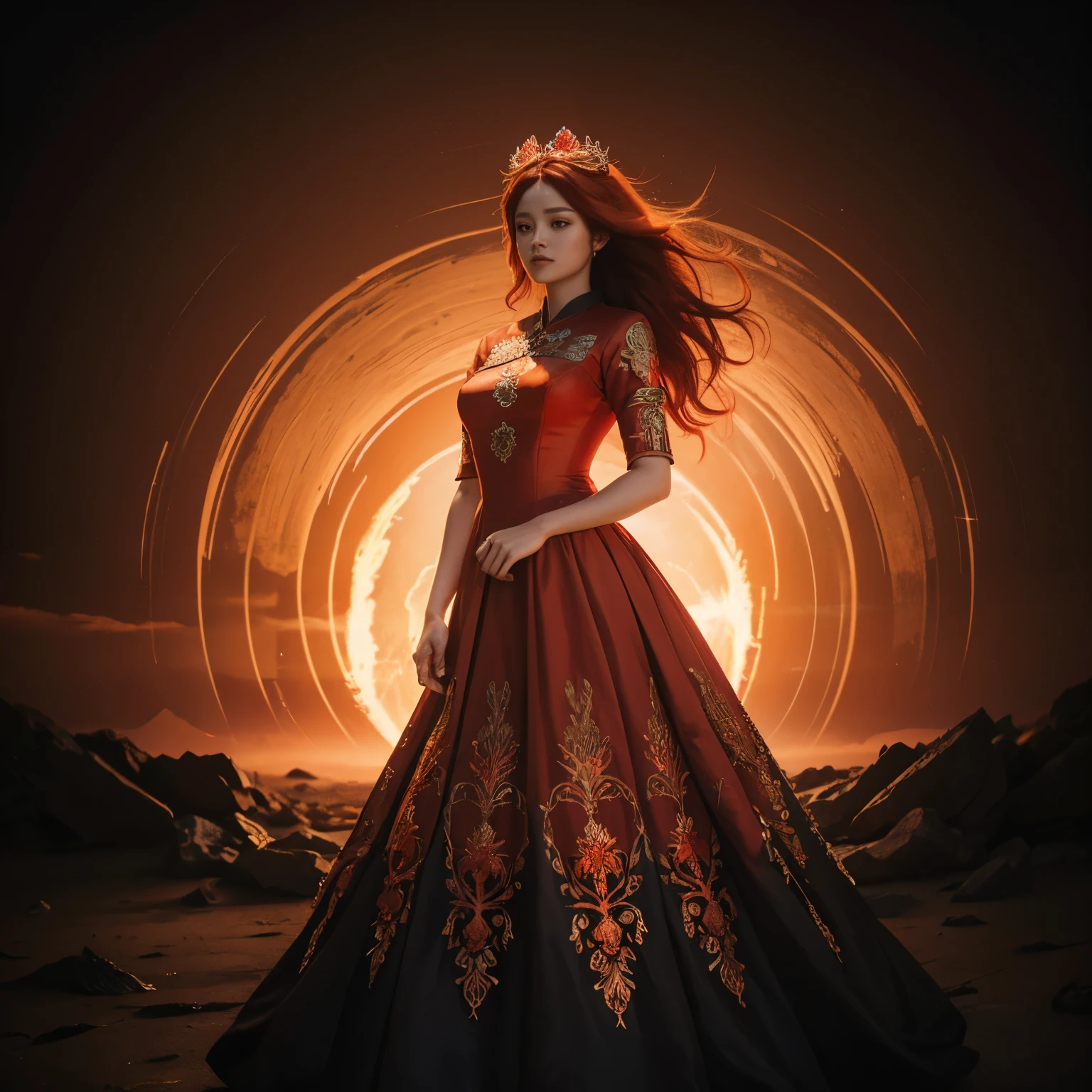 Fire goddess with beautiful dress and hourglass figure, red crown red flower embroidery, background as red and orange sky, hair mixture of red and orange color