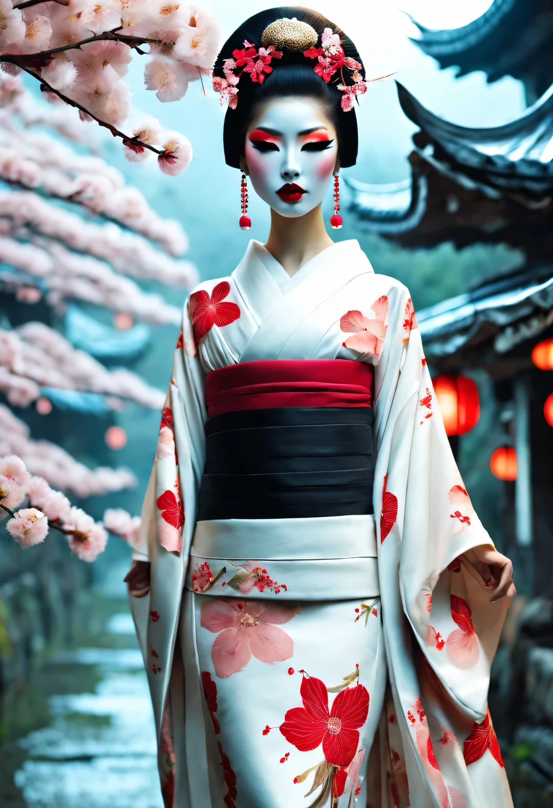 Gothic aesthetics，Gothic aesthetics，(Geisha stands gracefully under the cherry blossoms,Oiran at the Sakura Festival, Many red cherry blossom petals fall one after another, (whole body)
White makeup on a girl’s face without highlights and shadows. The entire white foundation covers the face and neck. Red lip makeup is a small mouth area that is smaller than normal lips. Thick eyeliner can highlight the outline of the eyes, Strengthen eyes, And make the pupils appear dark and deep. Straight eyebrows are eye-catching but not stiff, Make the whole face clean. Typical Japanese Geisha makeup,
Wearing a gorgeous kimono embroidered with black and gold cherry blossoms, This is a long-sleeved kimono, Wearing Japanese clogs,
background: Deep streets under blue moonlight,
Surrealism, Realistic depiction of light and shadow, Real and exaggerated photos, super high quality, Super details, movie shot, shallow view deep,