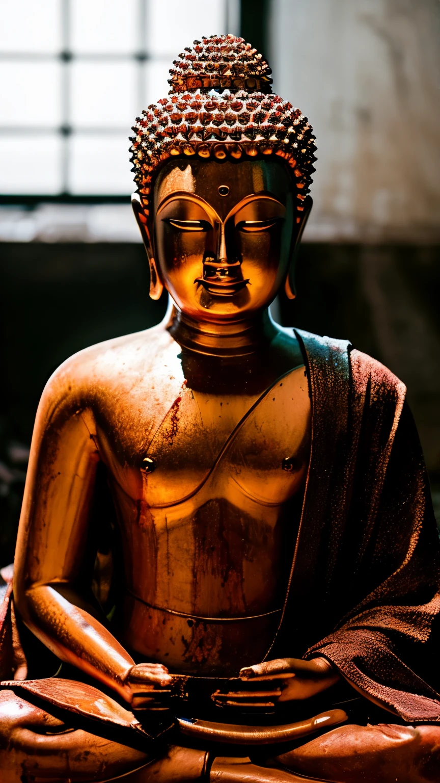 muste piece, best quality, High resolution, photorealistic, Great Buddha,恐ろしい姿のGreat Buddha,ゾンビのようなGreat Buddha,Demon-like form,bloody,corrupt background,ruins no