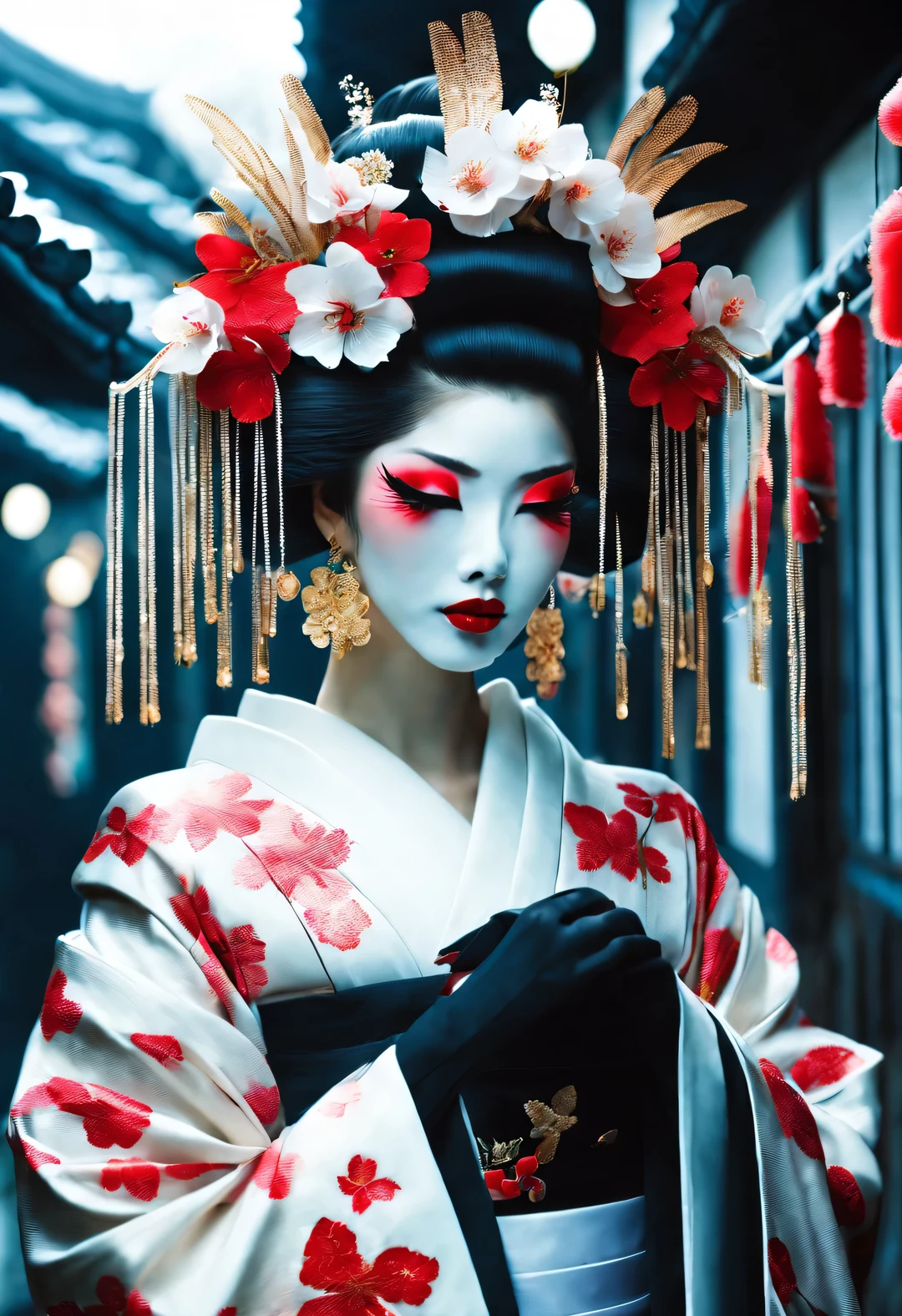 Gothic aesthetics，Gothic aesthetics，(Geisha stands gracefully under the cherry blossoms,Oiran at the Sakura Festival, Many red cherry blossom petals fall one after another, (whole body)
White makeup on a girl’s face without highlights and shadows. The entire white foundation covers the face and neck. Red lip makeup is a small mouth area that is smaller than normal lips. Thick eyeliner can highlight the outline of the eyes, Strengthen eyes, And make the pupils appear dark and deep. Straight eyebrows are eye-catching but not stiff, Make the whole face clean. Typical Japanese Geisha makeup,
Wearing a gorgeous kimono embroidered with black and gold cherry blossoms, This is a long-sleeved kimono, Wearing Japanese clogs,
background: Deep streets under blue moonlight,
Surrealism, Realistic depiction of light and shadow, Real and exaggerated photos, super high quality, Super details, movie shot, shallow view deep,