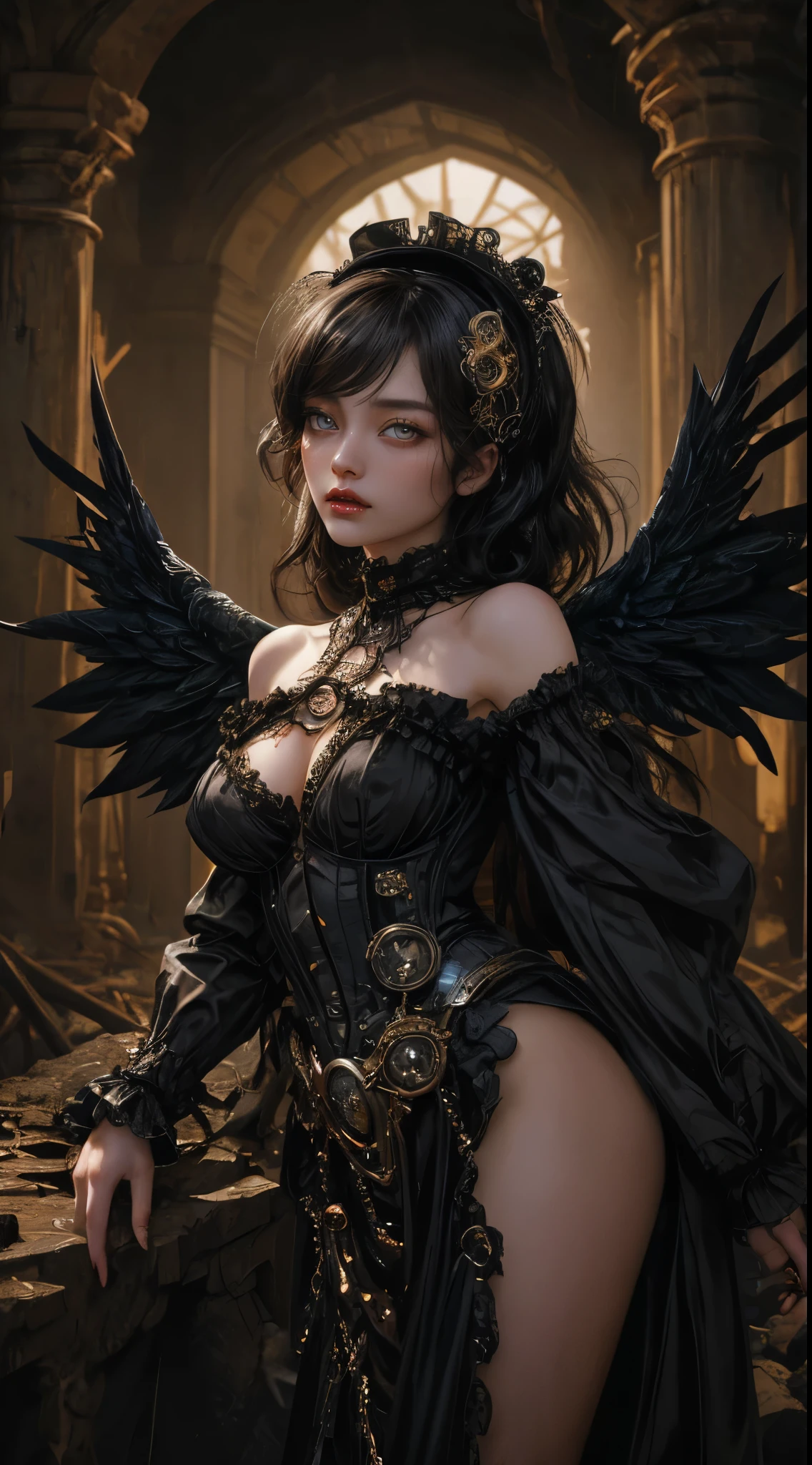 Mechanical doll girl, very cute and very adorable, (((very super realistic))), (((very realistic and precise eyes))), (((Victorian rococo, metallic textures, shiny metal, shiny clothes like metal, gothic and lolita, off the shoulder, very excessive steampunk))), (((intricate mechanical wings))), (((decadent surrealism))), , very short bob with bangs, jet black glossy hair, flared pleated miniskirt with lace and frills, skeleton body, iridescent glow, background details, organic, neon tube connections. Special enchantments, special magic, (((very dark dramatic cinematic lighting, very dark ruins, deep depth of field))), (((very large slanted big eyes, glowing black eyes))), long eyelashes, thin nose, small mouth, glossy beige lips, thin chin, clear white glossy skin and slender body.