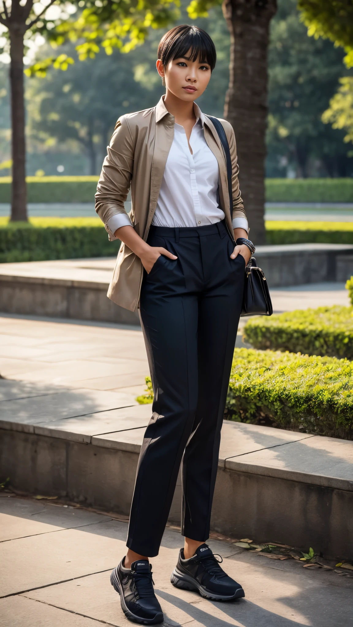 Realistic photography, photo-realistic, best quality, best resolution. A full body portrait from head to toe, facing forward, body facing to viewer, 1 girl, feminine facial features, an Indonesian woman with crew cut hair and masculine appearance, standing proudly in a park. Her strong features and  exude confidence and strength, while her choice of men's shirt and jacket, men's pants, and men's shoes makes her look handsome.