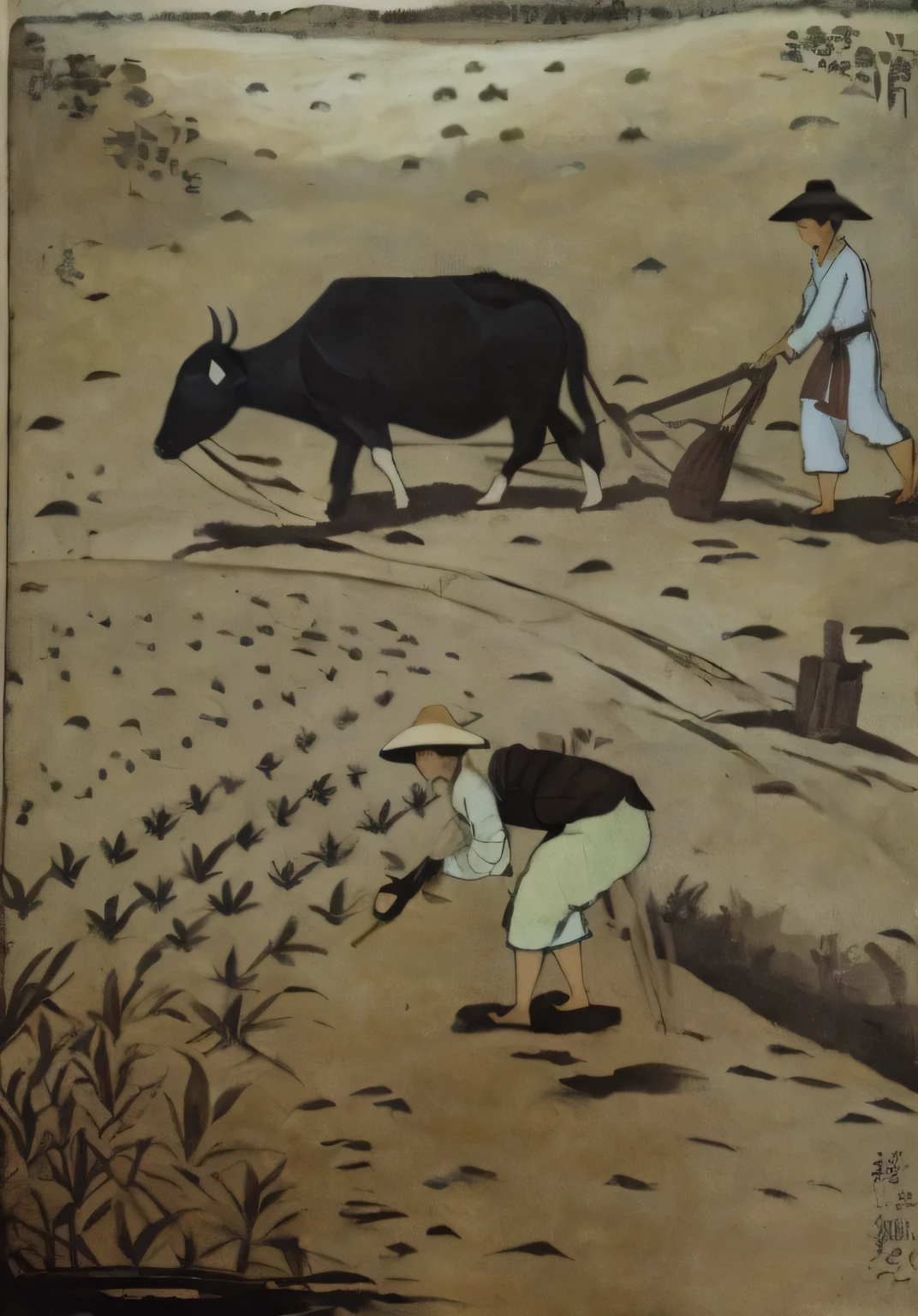 painting of a farmer plowing a field with a cow, japanesse farmer, villagers busy farming, by Kamisaka Sekka, traditional painting, inspired by Fernando Amorsolo, inspired by Xu Beihong, by Kaburagi Kiyokata, old chines painting, by Yang Borun, by Yang Buzhi, oriental scene