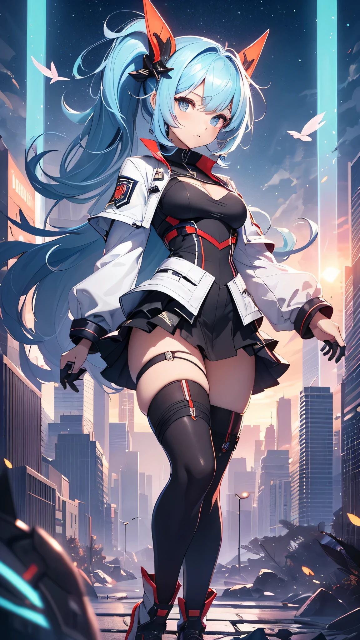 最high quality、best image quality、masterpiece、girl((20-year-old、 By becoming、vest bust、medium bust,wide open breast tea、shining eyes, light blue hair、long hair、thin,highest valley、ponytail、action of looking up、full body bandage、white jacket、blue pants)),high quality、beautiful art、background((Near future、Machine area、energy field))、Flight、debris flies、Depth of written boundary、movie、visual art、perfect art、8k,genuine、