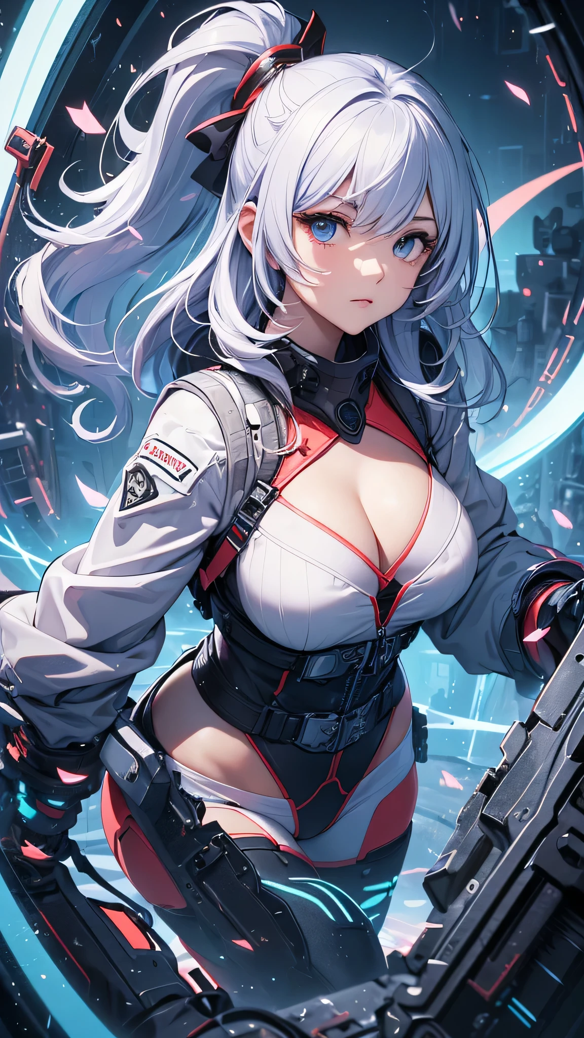最high quality、best image quality、masterpiece、girl((20-year-old、 By becoming、vest bust、medium bust,wide open breast tea、shining eyes, light blue hair、long hair、thin,highest valley、ponytail、action of looking up、full body bandage、white jacket、blue pants)),high quality、beautiful art、background((Near future、Machine area、energy field))、Flight、debris flies、Depth of written boundary、movie、visual art、perfect art、8k,genuine、