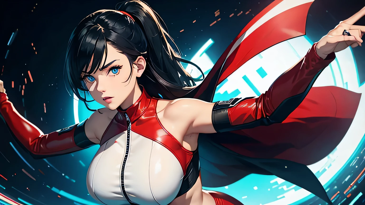 4K, A high resolution, Best quality at best, masterpiece, perfect colors, perfect shadow, perfect litthing, ((sportrait)), 1woman, fit body, heterochromia eyes,dark blue hair , blue eyes, With round lenses, The audience watched carefully, (s face: 1.2), Perfect female figure, ((dynamic pose)), ((read and whitek Tight crop top red and white leather suit, open half breast)), ((shy and looking at viewert)), (Perfect thick white eyebrows) Delicate fur, 详细s face, s the perfect face, , (dynamic pose), big breast, open half breast, abstract cyberpunk background