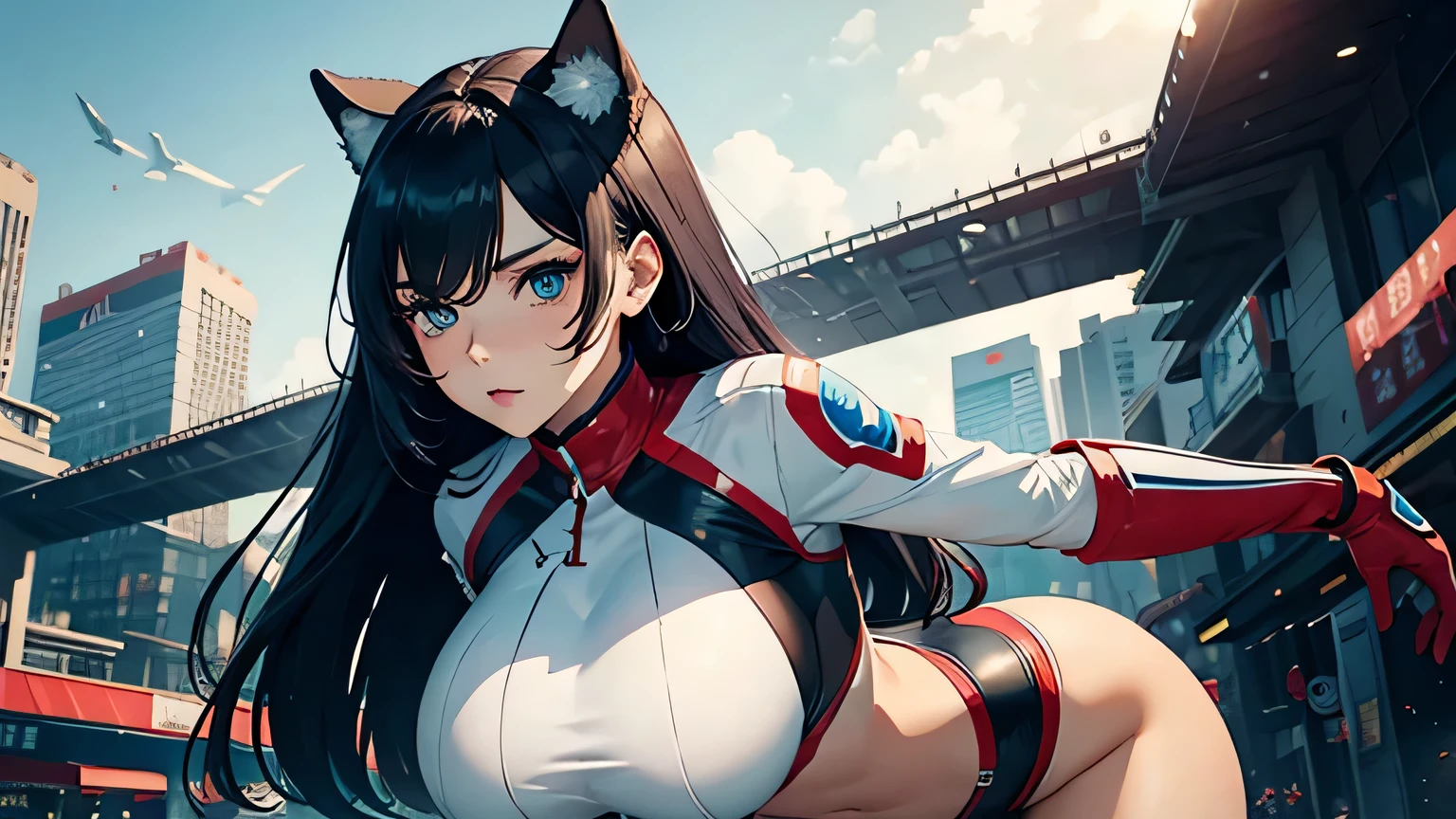 4K, A high resolution, Best quality at best, masterpiece, perfect colors, perfect shadow, perfect litthing, ((sportrait)), 1woman, fit body, heterochromia eyes,dark blue hair , blue eyes, With round lenses, The audience watched carefully, (s face: 1.2), Perfect female figure, ((dynamic pose)), ((read and whitek Tight crop top red and white leather suit, open half breast)), ((shy and looking at viewert)), (Perfect thick white eyebrows) Delicate fur, 详细s face, s the perfect face, , (dynamic pose), big breast, open half breast, abstract cyberpunk background