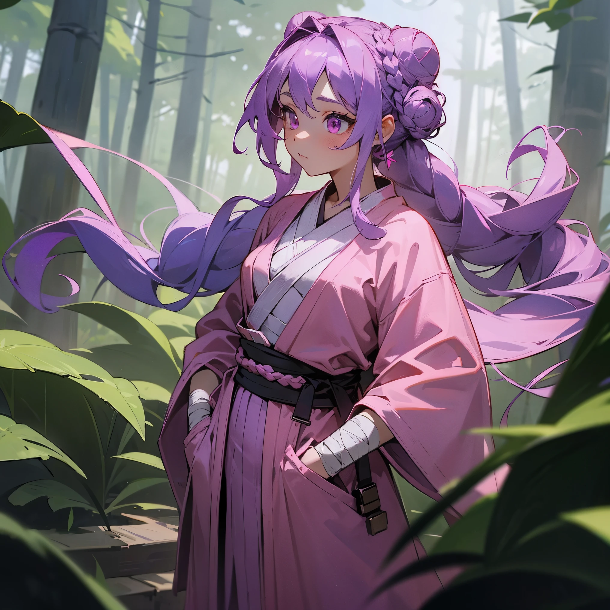 1female, adult, finely detailed pink eyes, long wavy hair with braided bun, purple hair color, jedi robe, poncho, bandages wrapped around arms, bandolier across chest, standing with hands in pocket, standing on forest trail, oasis