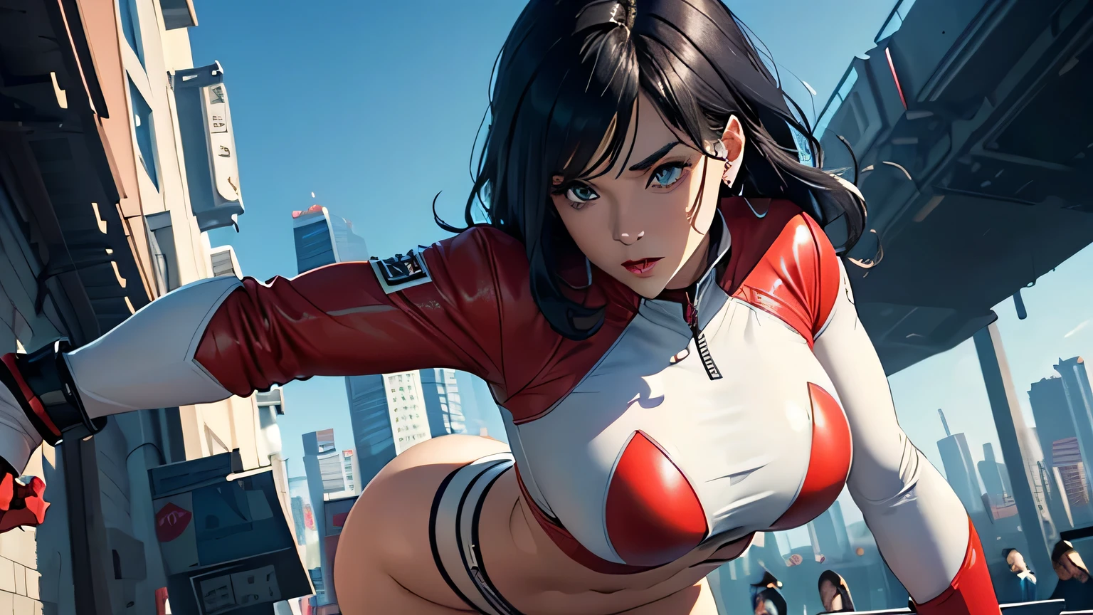 4K, A high resolution, Best quality at best, masterpiece, perfect colors, perfect shadow, perfect litthing, ((sportrait)), 1woman, fit body, heterochromia eyes,dark blue hair , blue eyes, With round lenses, The audience watched carefully, (s face: 1.2), Perfect female figure, ((dynamic pose)), ((read and whitek Tight crop top red and white leather suit, open half breast)), ((shy and looking at viewert)), (Perfect thick white eyebrows) Delicate fur, 详细s face, s the perfect face, , (dynamic pose), big breast, open half breast, abstract cyberpunk background