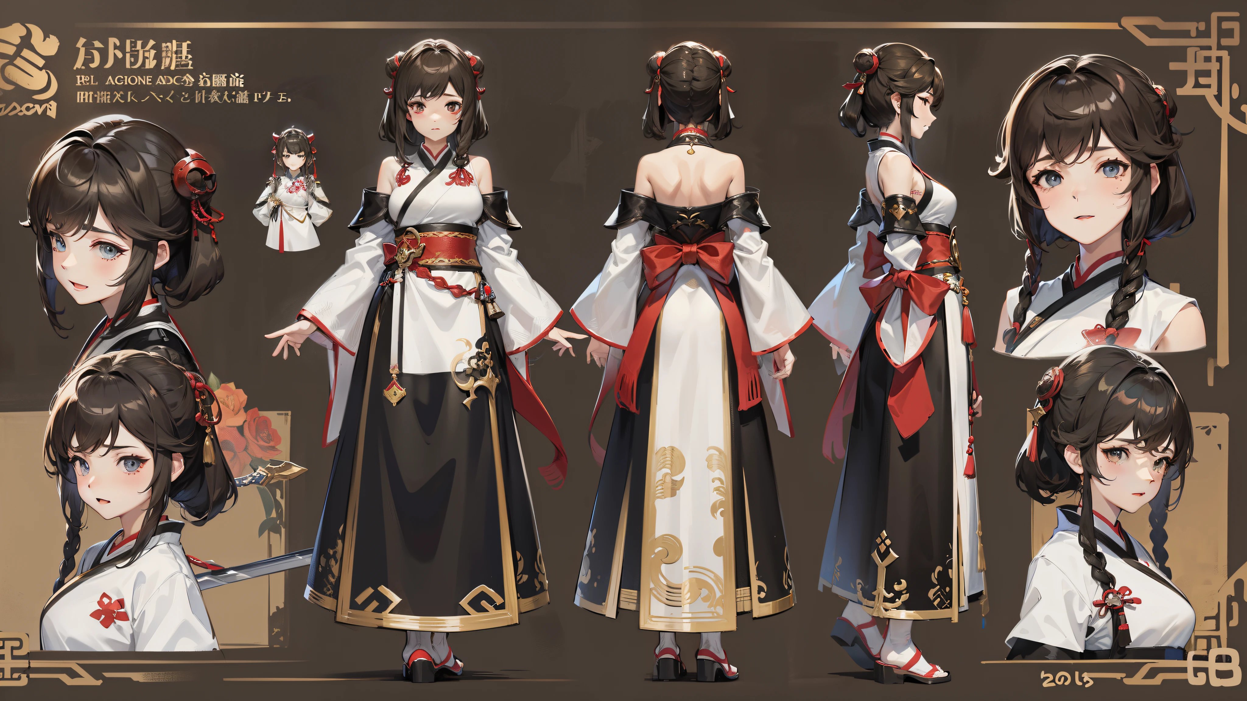 1 female, 20 years old, (granblue fantasy characters), Wearing Sword and Soul Costume, complete body, character design sheet,Chinese Hanfu，black hair，robe, Front view, side view, Rear view