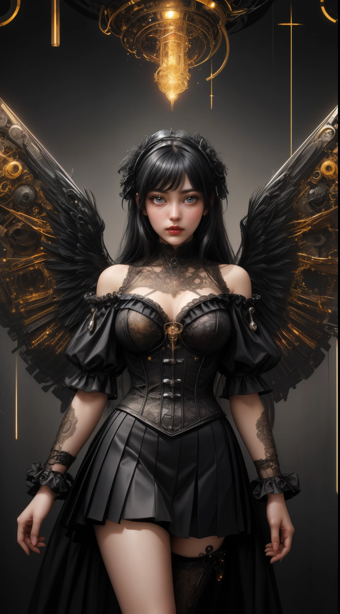 Mechanical doll girl, very cute and very adorable, (((very super realistic))), (((very realistic and precise eyes))), (((Victorian rococo, metallic textures, shiny metal, shiny clothes like metal, gothic and ta, off the shoulder, very excessive steampunk))), (((intricate mechanical wings))), (((decadent surrealism))), 14 yry short bob with bangs, jet black glossy hair, flared pleated miniskirt with lace and frills, skeleton body, iridescent glow, background details, organic, neon tube connections, (((intricate mechanical wings))), (((decadent surrealism))), 14 years old, ve with bangs, (((jet black glossy hair))), flared pleated miniskirt with lace and frills, skeleton body, iridescent glow, background detail, organic, neon tube connection . and slender body.