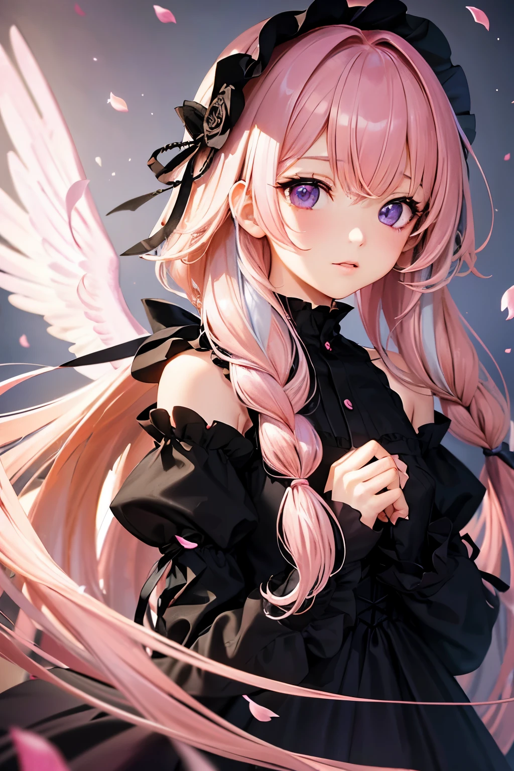 4K quality:1.2,1girl,sense of deps,disorganized,catch light,Super beautiful illustration,((falling petals)),(((pink hair,long hairstyles:1.3))),((beautiful purple eyes:1.2)),eye shadow,((black clothes,gothic ta)),beautiful and delicate flowing hair,angel wings,emphasized chest