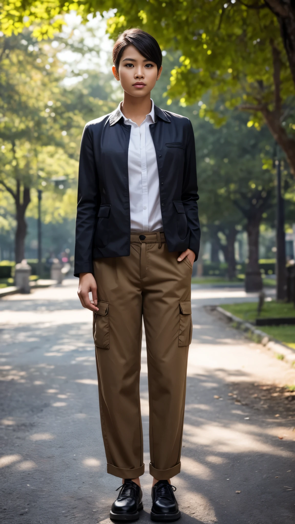 Realistic photography, photo-realistic, best quality, best resolution. A full body portrait from head to toe, facing forward, body facing to viewer, 1 girl, feminine facial features, an Indonesian woman with crew cut hair and masculine appearance, standing proudly in a park. Her strong features and exude confidence and strength, while her choice of men's shirt and jacket, men's pants, and men's shoes makes her look handsome.