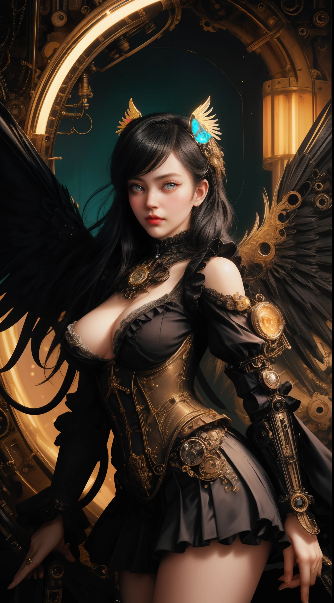Mechanical doll girl, very cute and very adorable, (((very super realistic))), (((very realistic and accurate eyes))), (((pure white Victorian rococo))), metallic textures, shiny metal, shiny metal-like clothing, gothic and ta, off the shoulder, (((very excessive steampunk))), (((intricate mechanical wings))), (((decadent surrealism))), 14 yry short bob with bangs, (((black hair))), (flared pleated miniskirt with lace and frills)), skeleton body, iridescent glitter, background detail, organic, (((neon tube connection))) Neon tube connection. and slender body.