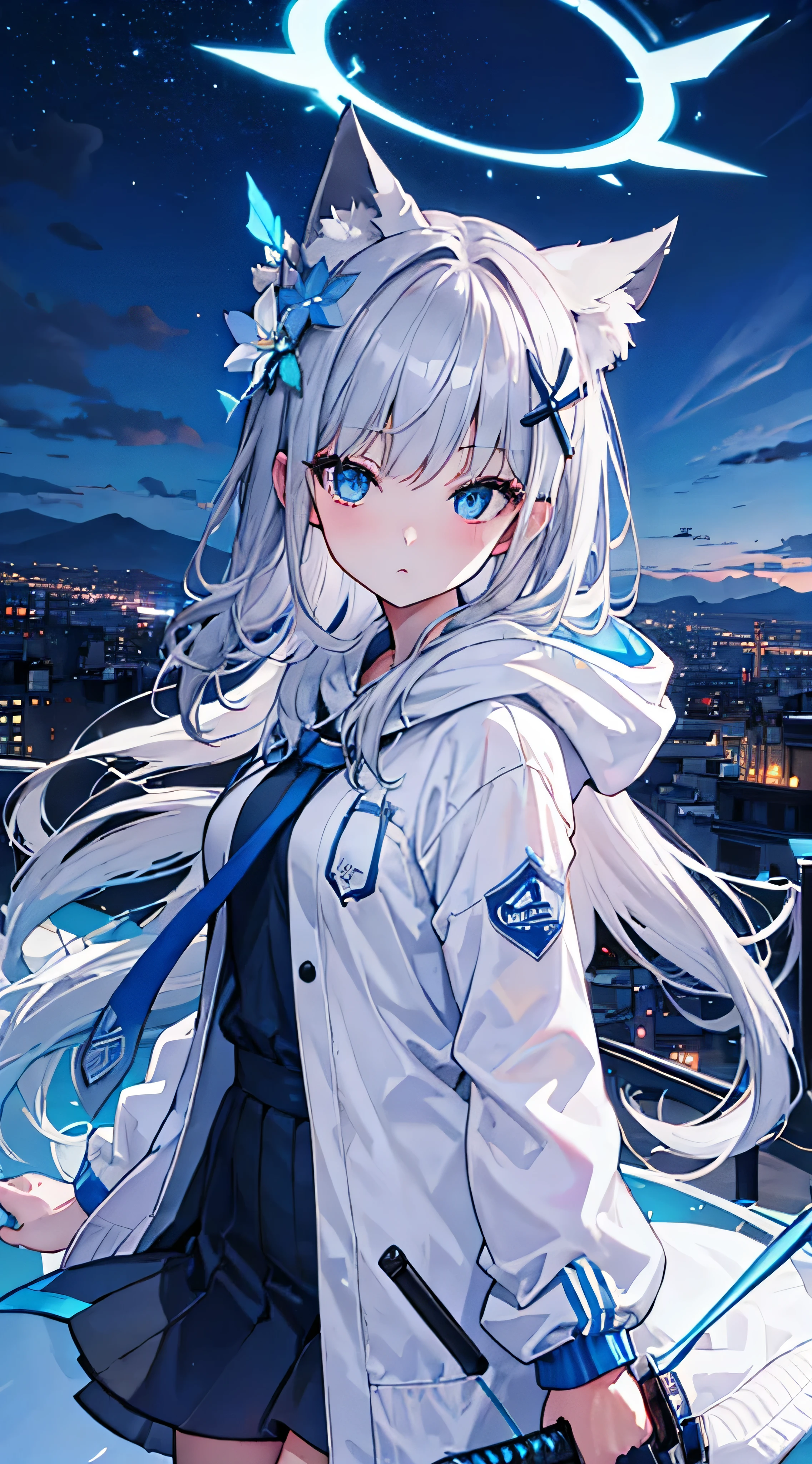 (masterpiece), septh of field, super saturate,Best Quality, 超A high resolution,girl on top of an electric pole with a view of the city of Japan ,white animal hoodie,grey hair, neon color流れ星, Very long hair, off shoulders, blue  eyes, blue flower hair ornament, neon color, flashes, stunning night sky, Cinematic lighting, Photorealistic, Realistic skin, Fisheye, (32k), embarrassing, holding katana sword