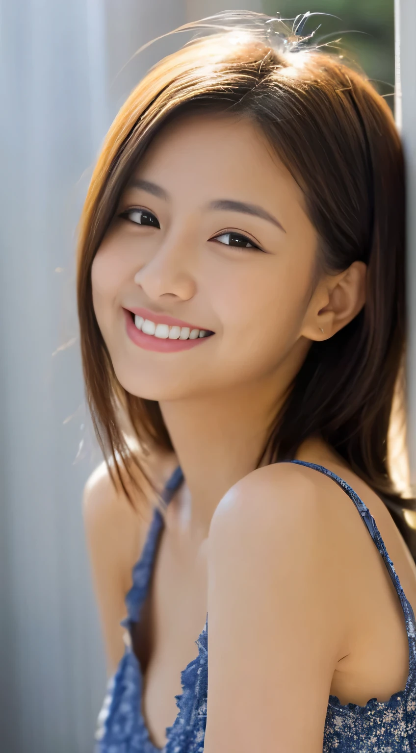 Japanese ),((beautiful girl)),cleavage,An expression that imagines something pleasant:1.2,(perfect body beauty:1.2),((perfect body)),(shy smile),beautiful teeth,