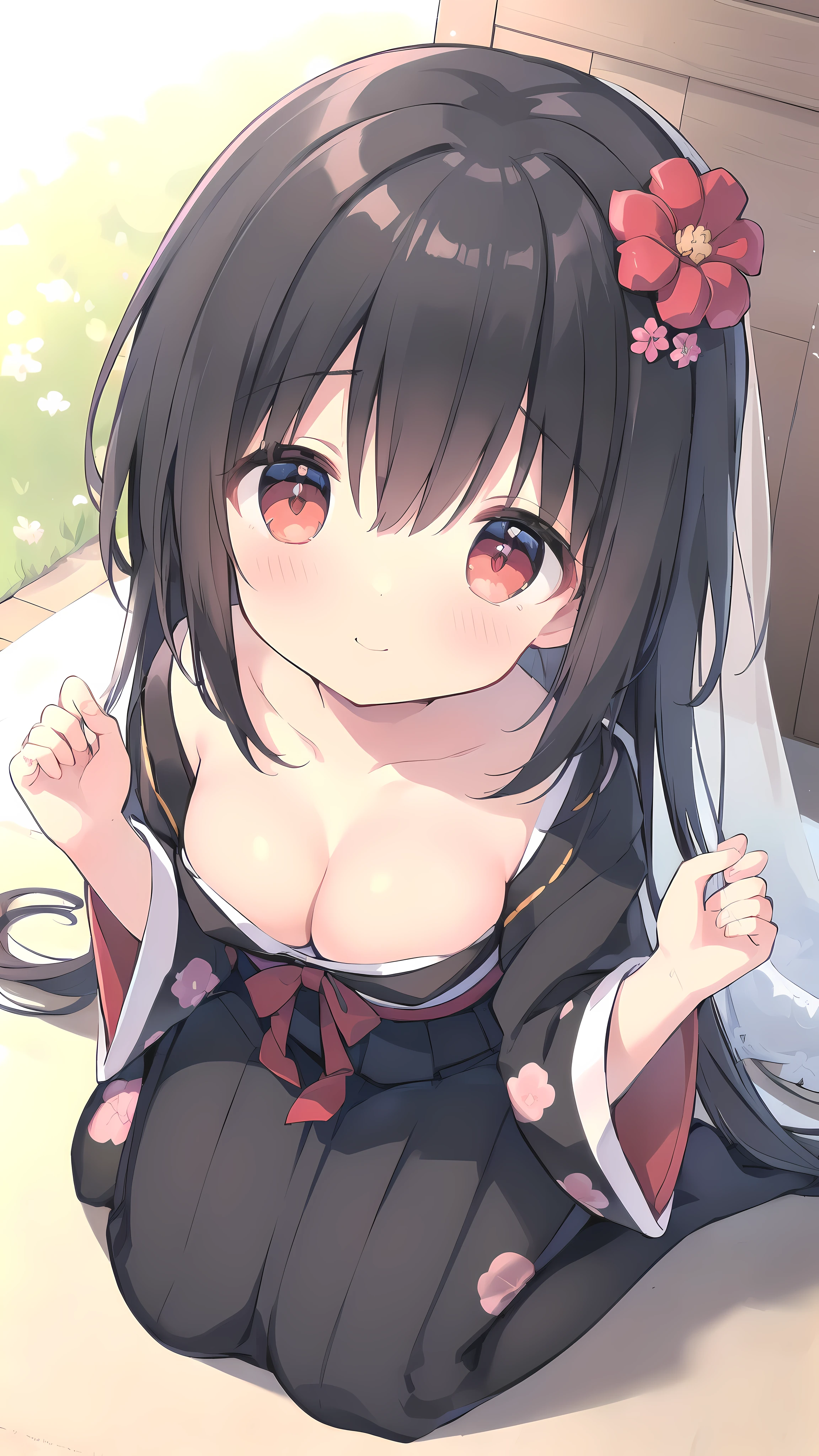 (small short figure girl, cute girl like a sister aura:1.3), (leaning to viewer for a kiss:1.5), (detached sleeve, Married, Japanese bride, Wedding, wedding hakama skirt, yamato nadeshiko, 1girl, solo, outdoor, cute japanese model girl, very long hair, floral print, wedding hair ornament, wedding kimono, hakama, bangs, detailed long black hair, red rubby eyes:1.4), (masterpiece, best quality, HD Pictures, 4K:1.3), gentle look, gentle smile, gentle eyes, mature looking, pinkish cheeks, very detailed eyes, very detailed pupils, very detailed hair, furisode, flower head accessories, from front pov, detailed face, full body, look up to viewer, close up to forehead, (deep cleavage, blushing red cheeks:1.4)
