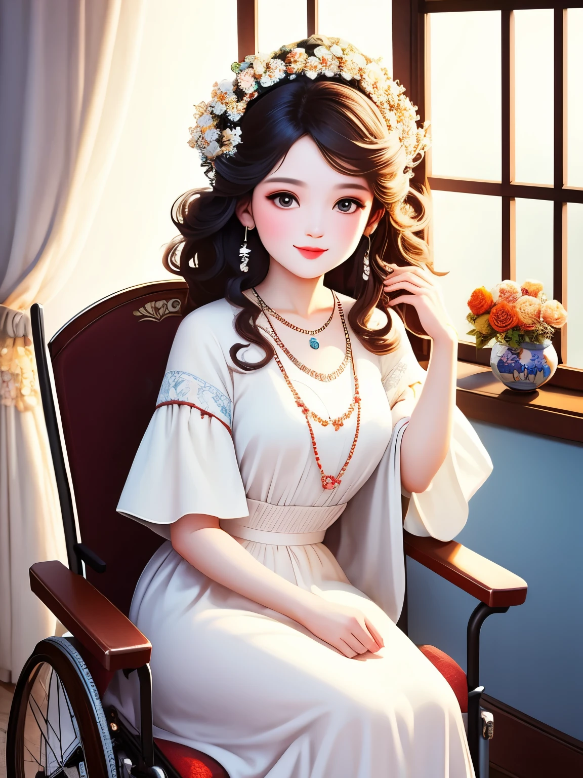 A curly-haired beauty sitting in a wheelchair，Classy and elegant，Friendly and charming smile, The innocent look of the girl next door，Eyes are very delicate，perfect fingers.，necklace，（（（hair accessories））），White long skirt、Looking at the scenery outside the room window，flowers bloom，（（（There are birds flying around）））（（best quality））， （（intricate details））， （（Surrealism））（8k）