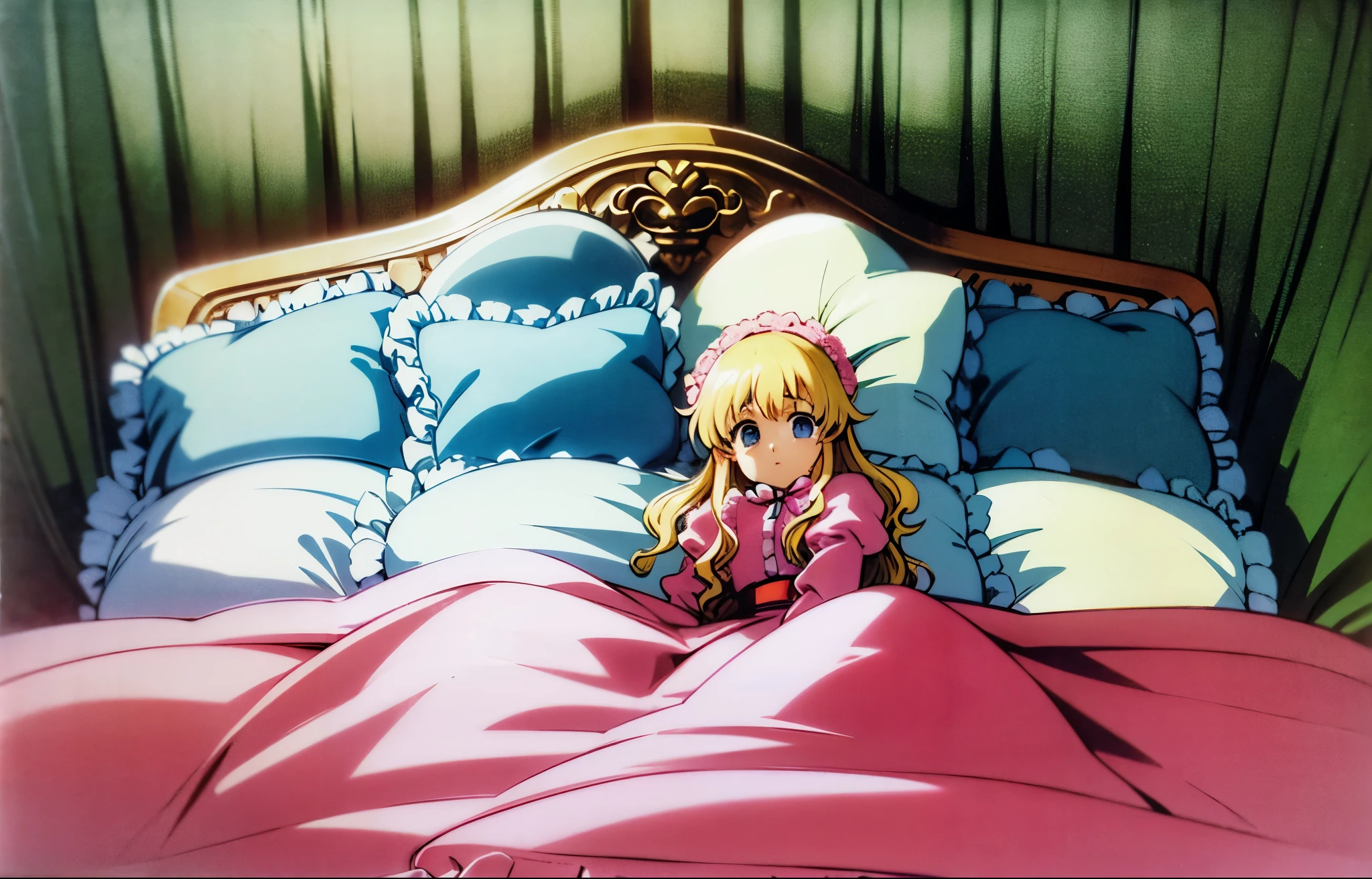 ,highest quality, masterpiece, highest resolution, artwork, super それにget used to it, many get used to it, get used to it, それにget used to it, 3K anime illustration,(( 10 year old girl)),Super detailed baby face,high quality small face,long blonde hair,blue eyes,白い肌のeuropean,pajamas, european,curly hair,blue eyes,((((ピンクのロリータファッションのlong skirtのワンピースドレス)))),((Pink dress with lots of frills and ribbons)),((Luxurious headdress with frills and ribbons)),detailed headdress,,(((big yoke collar))),Yoke collar with ruffles and ribbons,((((long sleeve)))),ruffle sleeves,((((long skirt)))),white ruffle and lace socks,large frill and ribbon pillow,(((Nice pink outfit))),豪華なcanopy bedの上,canopy bed,The bed is surrounded by luxurious curtains,many frilly pillows on the bed,There are many frilly pillows behind the girl.,super detailed background,detailed bed,soft pink comforter,Highly detailed soft ruffle pillow,Beautiful girl illustration,detailed beautiful face,fine hair,detailed eye ,detailed eyes,detailed mouth, arm details,fine hands,Detailed pillow,wide bed,Illustration on the bed, ,((((round futon)))),((((A large ruffled futon that covers the entire bed)))),detailed comforter,detailed bedシーツ,Before bedtime,romantic atmosphere,palace bedroom,((((The lower half of the body is hidden under a large futon...)))) The girl is leaning on a pile of pillows, ,((((round futon)))),((((A large ruffled futon that covers the entire bed)))),