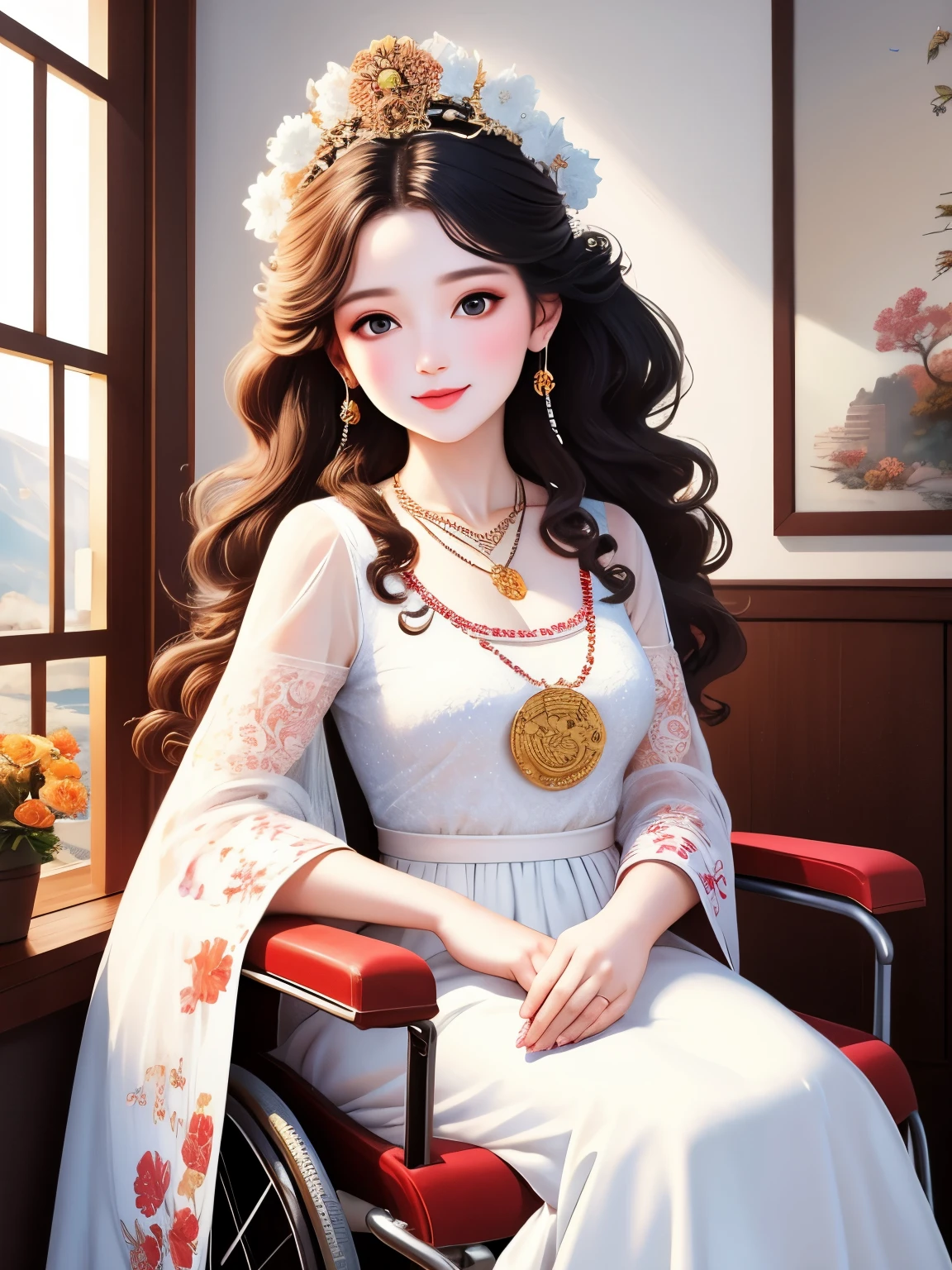 A curly-haired beauty sitting in a wheelchair，Classy and elegant，Friendly and charming smile, The innocent look of the girl next door，Eyes are very delicate，perfect fingers.，necklace，（（（hair accessories））），White long skirt、Looking at the scenery outside the room window，flowers bloom，（（（There are birds flying around）））（（best quality））， （（intricate details））， （（Surrealism））（8k）