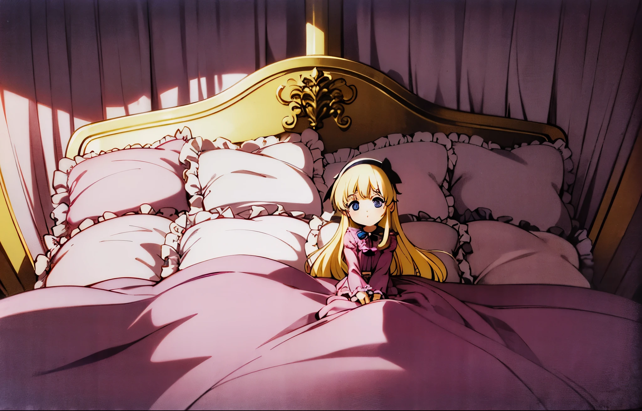 ,highest quality, masterpiece, highest resolution, artwork, super それにget used to it, many get used to it, get used to it, それにget used to it, 3K anime illustration,(( 10 year old girl)),Super detailed baby face,high quality small face,long blonde hair,blue eyes,白い肌のeuropean,pajamas, european,curly hair,blue eyes,((((ピンクのロリータファッションのlong skirtのワンピースドレス)))),((フリルとリボンがたっぷりついたピンクの可愛らしいpajamas)),((Luxurious headdress with frills and ribbons)),detailed headdress,,(((big yoke collar))),Yoke collar with ruffles and ribbons,((((long sleeve)))),ruffle sleeves,((((long skirt)))),white ruffle and lace socks,large frill and ribbon pillow,(((Nice pink outfit))),豪華なcanopy bedの上,canopy bed,The bed is surrounded by luxurious curtains,many frilly pillows on the bed,There are many frilly pillows behind the girl.,super detailed background,detailed bed,soft pink comforter,Highly detailed soft ruffle pillow,Beautiful girl illustration,detailed beautiful face,fine hair,detailed eye ,detailed eyes,detailed mouth, arm details,fine hands,Detailed pillow,wide bed,Illustration on the bed, ,((((round futon)))),((((A large ruffled futon that covers the entire bed)))),detailed comforter,detailed bedシーツ,Before bedtime,romantic atmosphere,palace bedroom,((((The lower half of the body is hidden under a large futon...)))) The girl is leaning on a pile of pillows, ,((((round futon)))),((((A large ruffled futon that covers the entire bed)))),