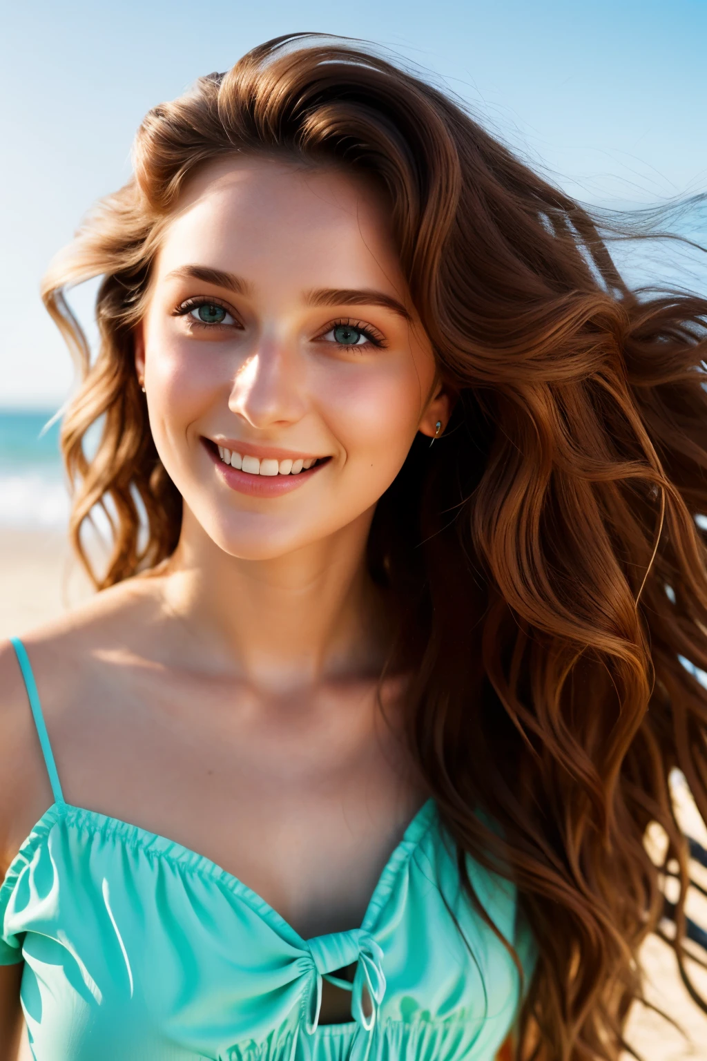 A beautiful Russian girl, 23 years old, is captured in a photorealistic, hyper-realistic, high-detailed image on the beach. She dons a stylish jumpsuit that matches the vibrant colors of the sun-kissed surroundings. Her face is the focal point of the portrait picture.
Her expressive, captivating eyes hold a deep connection with the viewer, while her long, wavy chestnut hair cascades down her shoulders, reflecting the gentle sea breeze. Her high cheekbones are subtly accentuated by the sunlight, and her full, rosy lips curve into a contented smile.
The image is rendered in energized