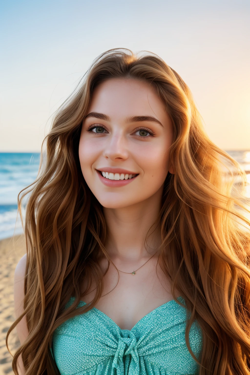 A beautiful Russian girl, 23 years old, is captured in a photorealistic, hyper-realistic, high-detailed image on the beach. She dons a stylish jumpsuit that matches the vibrant colors of the sun-kissed surroundings. Her face is the focal point of the portrait picture.
Her expressive, captivating eyes hold a deep connection with the viewer, while her long, wavy chestnut hair cascades down her shoulders, reflecting the gentle sea breeze. Her high cheekbones are subtly accentuated by the sunlight, and her full, rosy lips curve into a contented smile.
The image is rendered in energized
