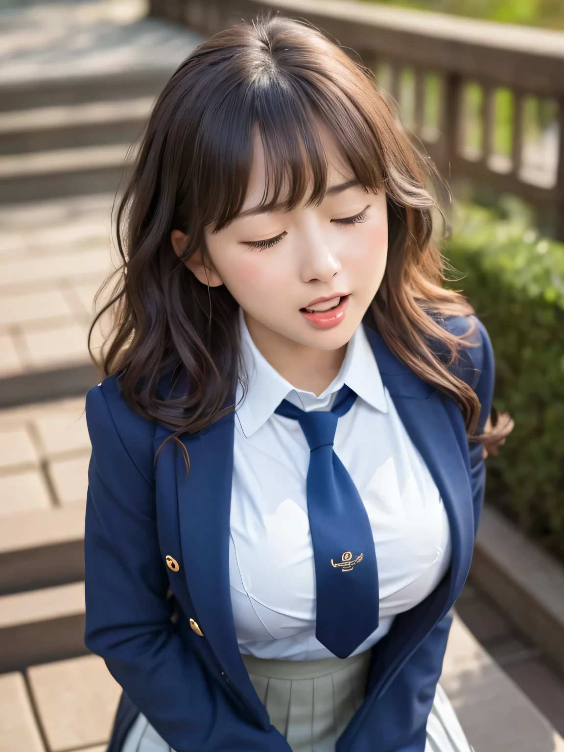 8k, highest quality, real image, intricate details, Super detailed, ultra high resolution, depth field,(realistic,realistic:1.2),from the middle, (closed my eyes:1.2), (open mouth:1.3), 1 Japanese girl, very beautiful girl, Big eyes, beautiful breasts:1.5、highly detailed eyes:1.2), (beautiful breasts:1.1), (small breasts:1.5), wavy hair、curly hair、bangs, perfect skin, Fair skin, huge hips, thick thighs, thick legs, cleavage, tight waist, light blush, alone, (sob:1.1), (School_uniform),(dark blue blazer), (white shirt、wear a tie), (gray pleated skirt), (sculpture installation :1.1)