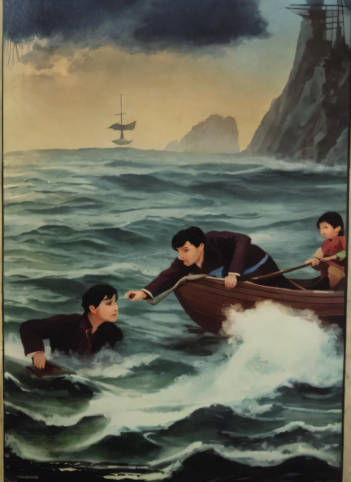 painting of a man in a boat with two children in the water, by Jessie Newbery, by Thomas Dalziel, illustrated novel, by Ryuzaburo Umehara, movie poster painting, ( art fitzpatrick ), artist unknown, by R. R. McIan, by Ivor Davies, angus mcbride, by Unkoku Togan, by Roy Newell