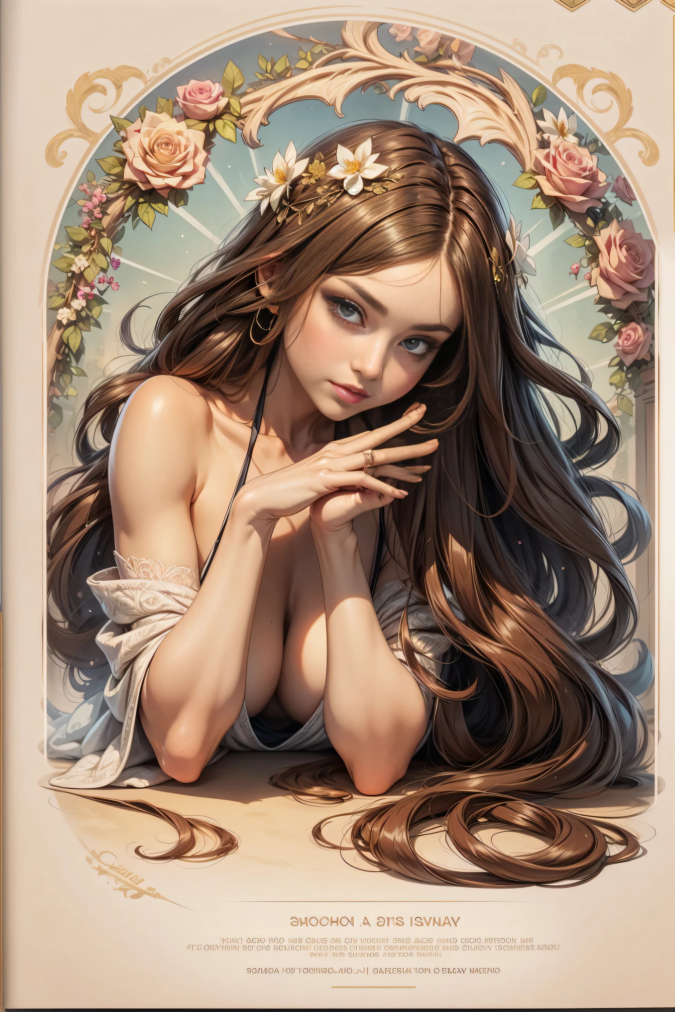 a woman with long hair and flowers in her hair is featured in a poster for alphonse mucha's the alphonse mucha by Alphonse Mucha