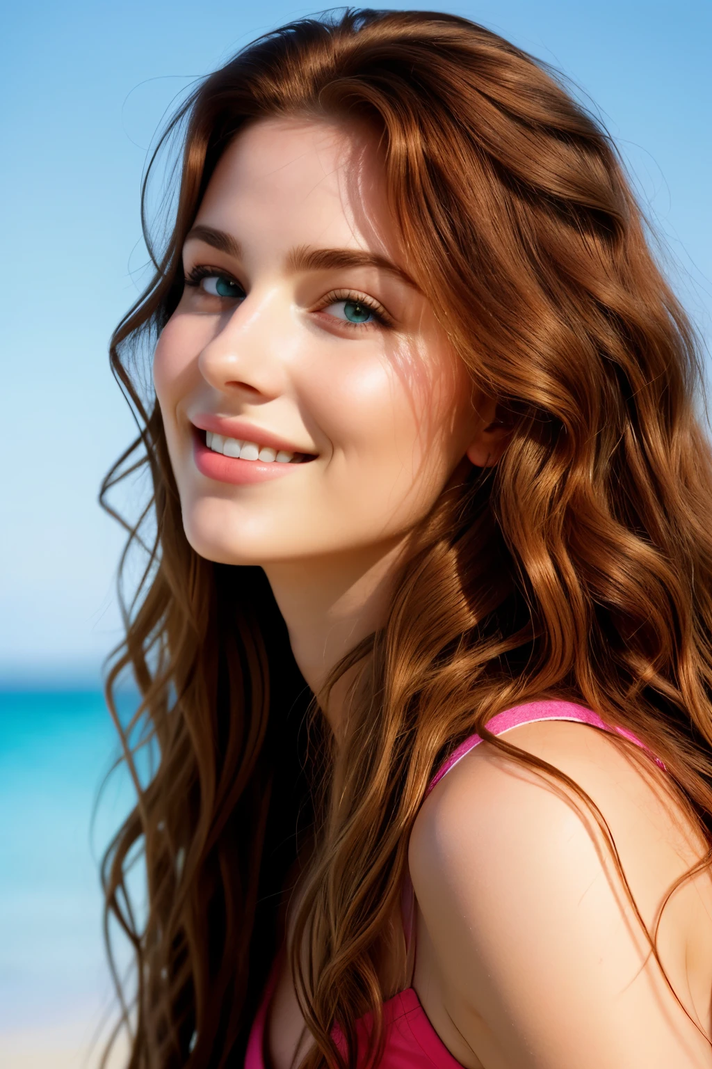 A stunningly beautiful Russian girl, aged 23, is captured in this photorealistic, hyper-realistic, and high-detailed image as she lounges on a sun-kissed beach. Her long, wavy auburn hair cascades down around her slender shoulders, the sun dancing off its rich hue. Her expressive olive-green eyes gleam with life and energy, their depth captivating the viewer. Her full, pink lips are slightly parted, as if in a soft, inviting smile.
Her face is the focal point of this vibrant, energized portrait picture. The image is brimming with exquisite details, each line