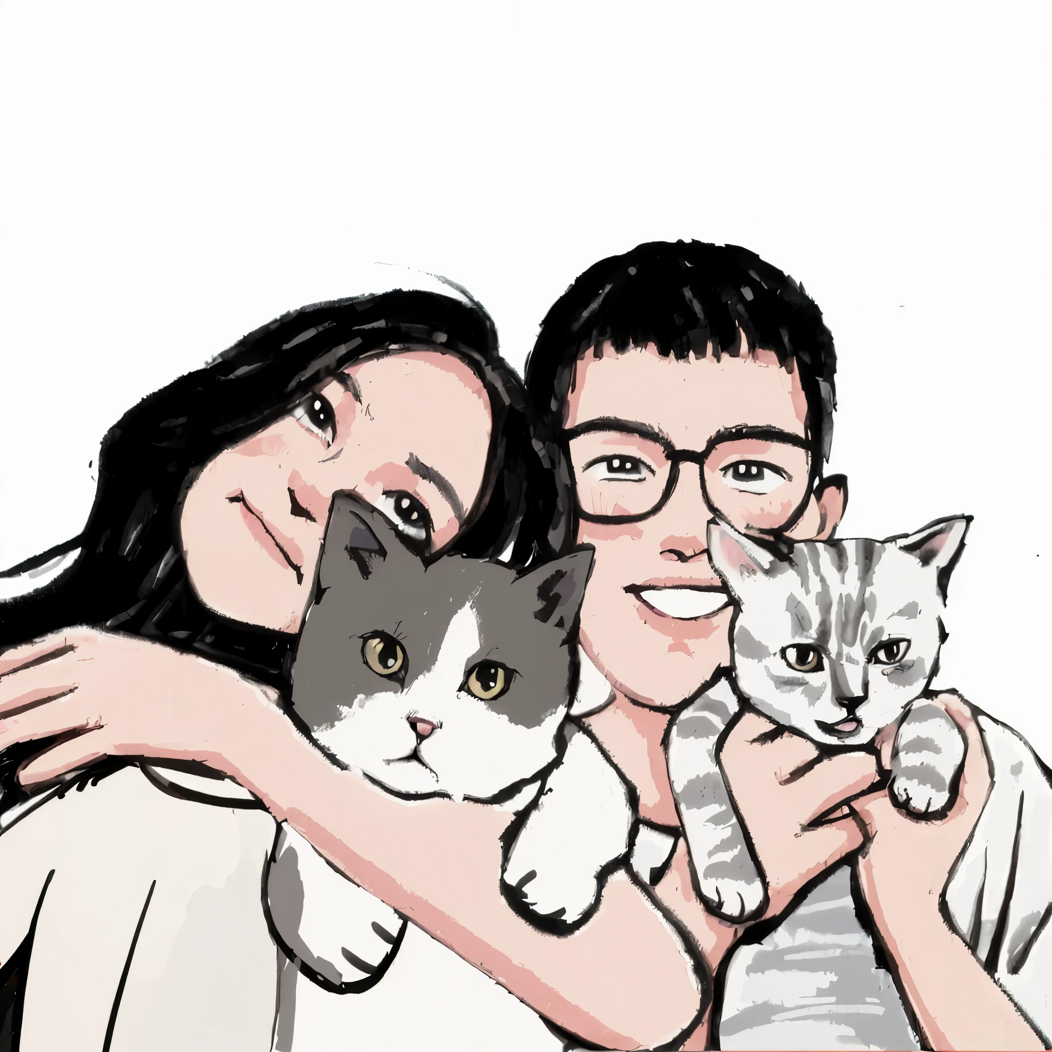 there is a man and woman holding a cat and smiling, cartoon style, hand painted cartoon art style, high quality portraits, cartoon art style, Hand drawn cartoon, cartoon drawing, cartoon portrait, traditional style, comic style, cartoon art style, , cartoon style插画, holding a cat, , cat beside her