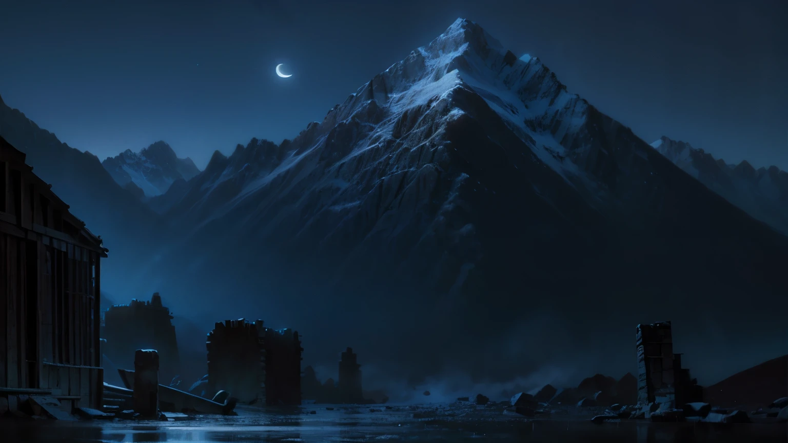 (best quality, ultra-detailed), only environment, no character, agony, rain, night, cold, ruins, mountains, moon, desert, no city, apocalipse