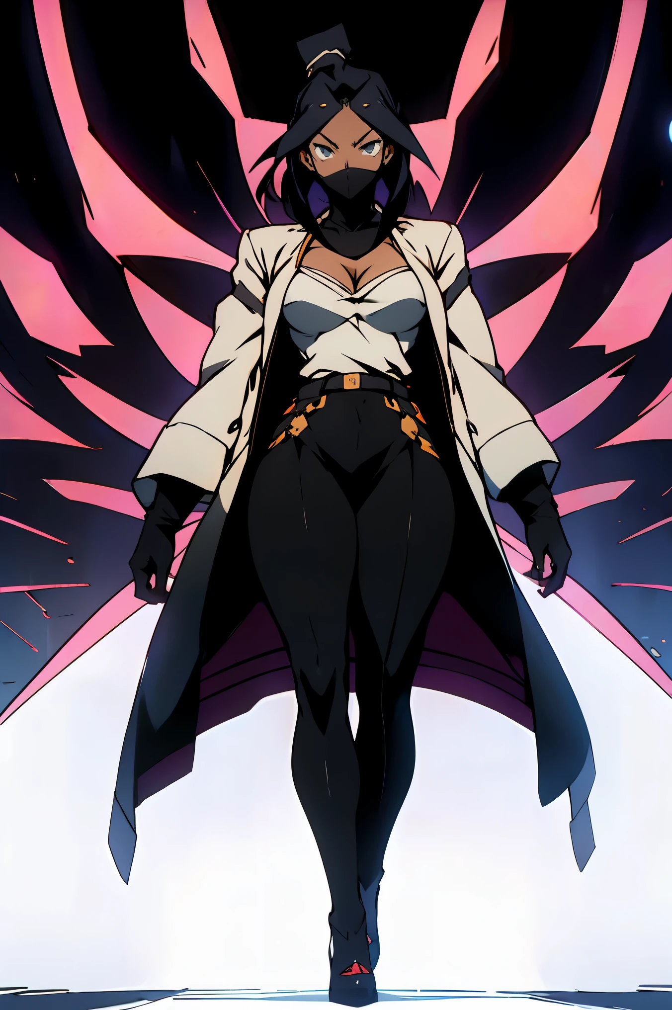 ((illustration, symmetrical, best quality, masterpiece, 8k detailed, white background: 2, anime)), ((fullbody: 1.5)), dark african: 1.5, flat colors, 1girl, black crop top, white long coat, cleavage, fingerless gloves, white pants, black hair: 1.5, long hair, sagging breasts, ((lookingatviewer: 2)) open mouth, highheels,