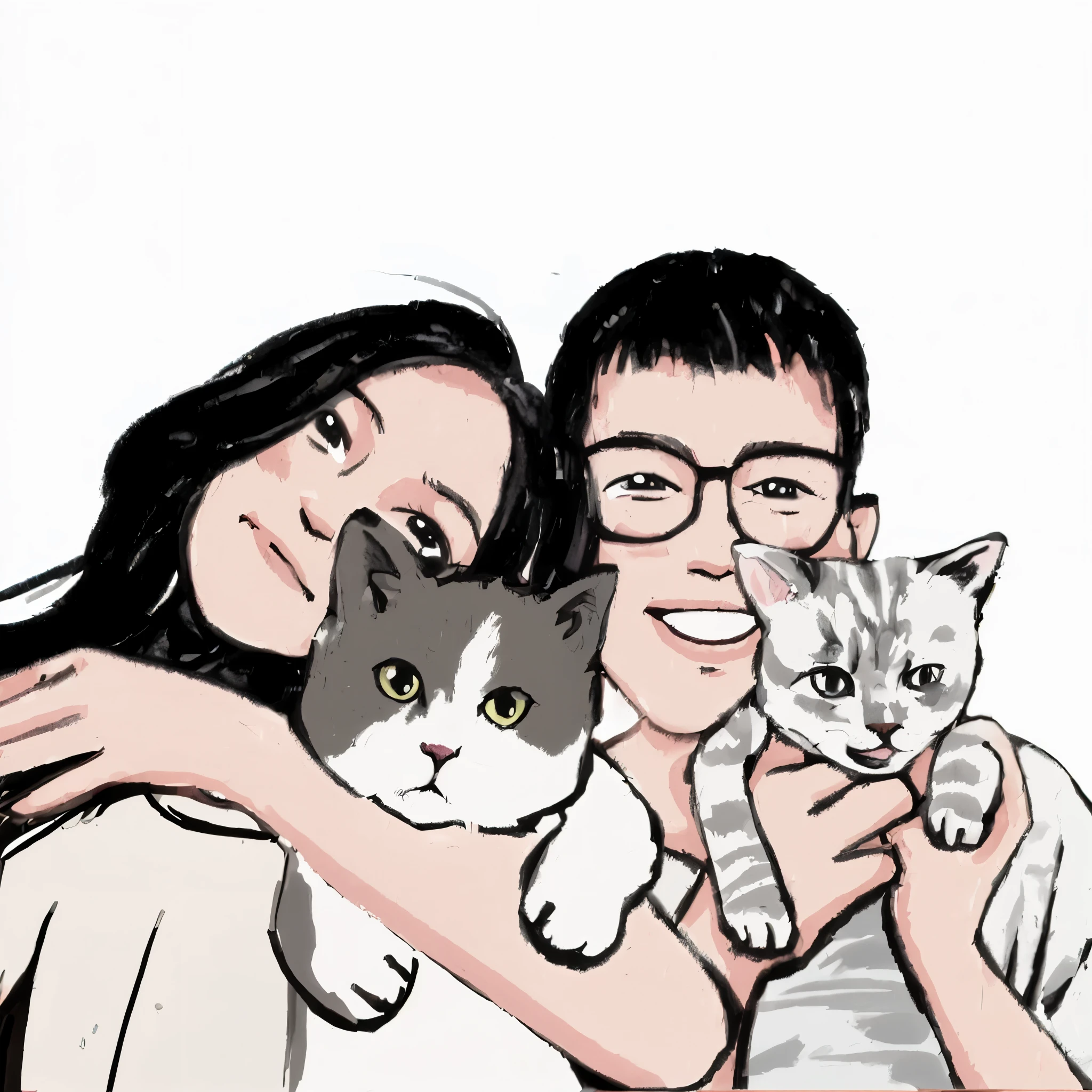 there is a man and woman holding a cat and smiling, cartoon style, hand painted cartoon art style, high quality portraits, cartoon art style, Hand drawn cartoon, cartoon drawing, cartoon portrait, traditional style, comic style, cartoon art style, , cartoon style插画, holding a cat, , cat beside her