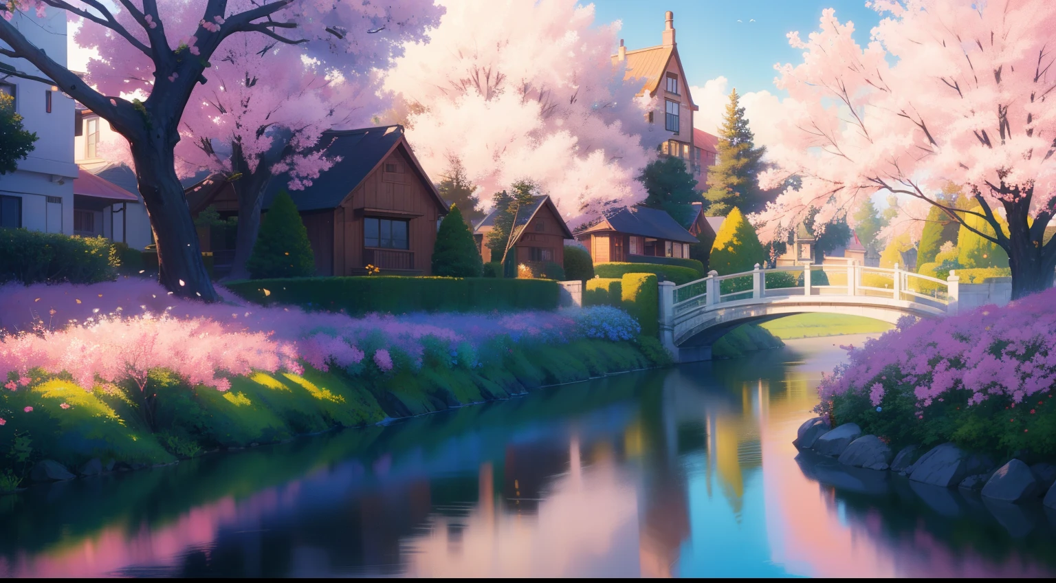 masterpiece, highest quality, (Highly detailed unified CG 8K wallpaper) (highest quality), (Best Illustration), (best shadow) natural tree with pink flowers, yellow house, river, bridge, Super careful --v6