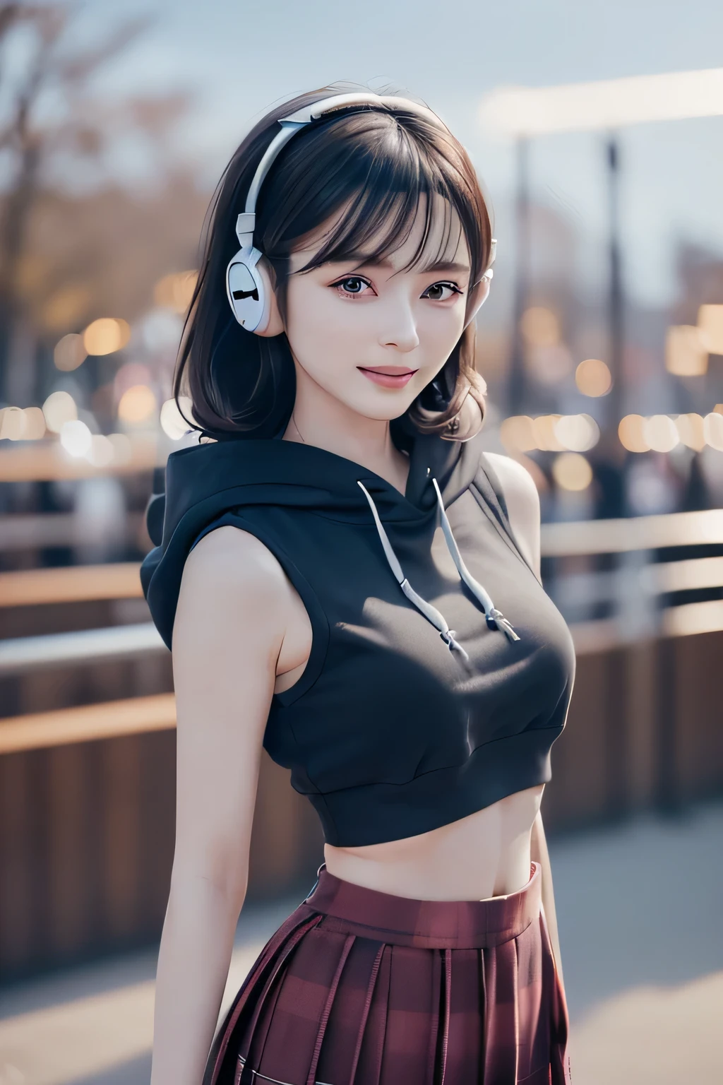 A extremely Cute and Beautiful Pictures of Japan glasses Woman, (22 years old: 1.1), ((cowboy shot:1.3)), ((soft bar lighting: 1.3), (Backlight: 1.3), Full Body Lighting, (face soft lighting), Look Straight, Cinematic Angle, Graceful standing, (arms behind back:1.3), (((night situation:1.5))), (walking and singing at night park:1.3), (attractive:1.3), (wearing a headphone:1.5), Blake, punk look:1.3, (black crop-top hoodie:1.3, plaid-pattern box-pleats-skirt:1.3), knee-high-over-boots:1.3, glasses, BREAK, (dark brown eyes, beautiful eyes, princess eyes), (shiny-black hair:1.3, Hepburn style chignon hair:1.3, bangs, hair between eyes, medium-length hair), (slender, medium breasts:0.95), (thin waist:1.25), solo, (parted lips, pink glossy lips), (beautiful clean skin), (seductive princess smile: 1.25, closed mouth:1.2), (4fingers and thumb:1.3, perfect human hands. detailed human hands), BREAK, (Realistic, Photorealistic: 1.37), (Masterpiece, Best Quality: 1.2), (Ultra High Definition: 1.2), (RAW Photo: 1.2), (Sharp Focus: 1.3), (Face Focus: 1.2), (Ultra Detailed CG Unified 8k Wallpaper: 1.2), (Beautiful Skin: 1.2), (Pale Skin: 1.3), (Hyper Sharp Focus: 1.5), (Super Sharp Focus: 1.5), (Beautiful Face: 1.3), (Ultra Detailed Background, Detailed Background: 1.3), (perfect female body), ((frame the head:1.3)), perfect anatomy, perfect proportions, 8.5 life-size, face focus, ultra-realistic photos, ultra-clear images, ultra-detailed images,