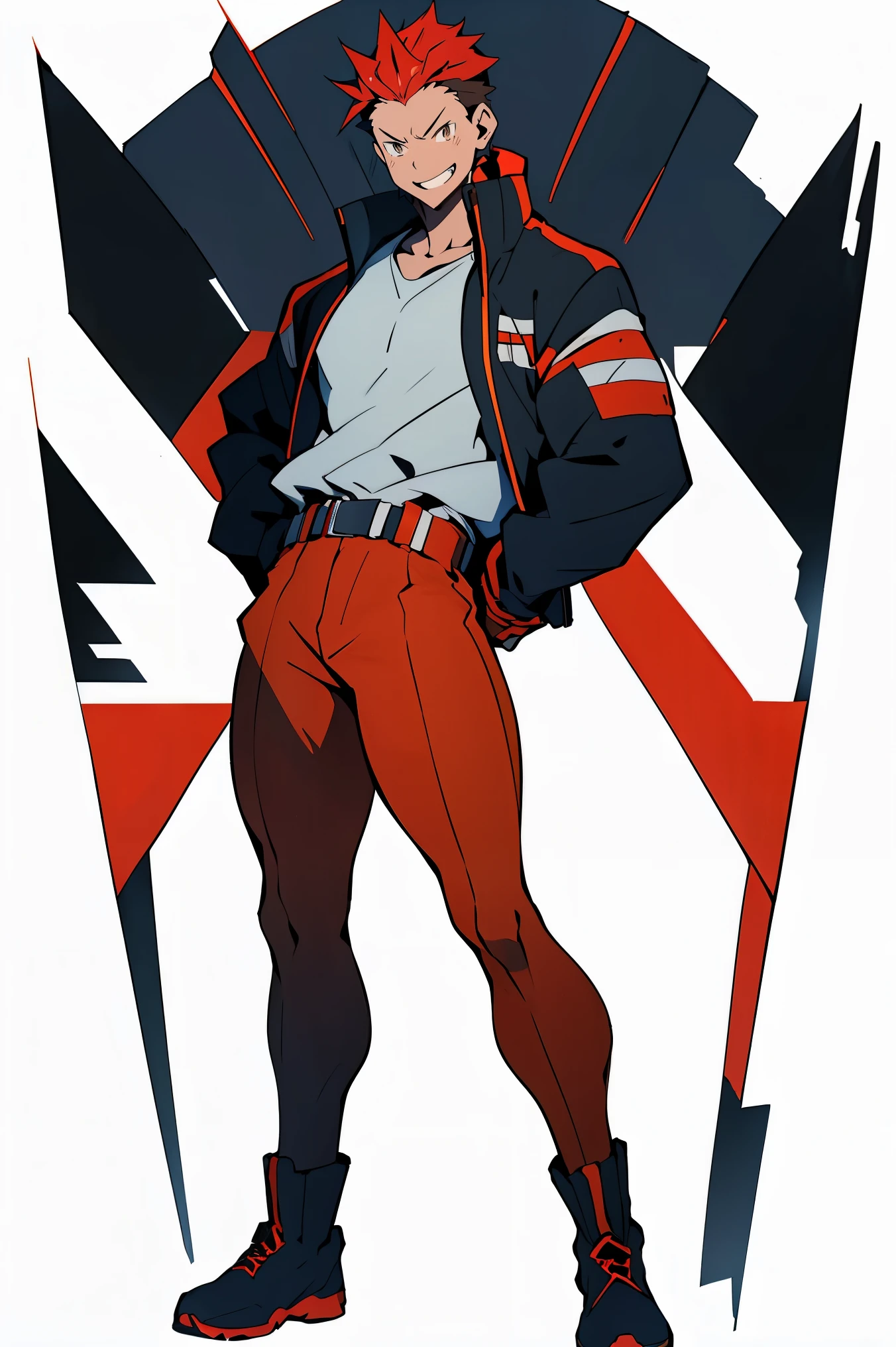 ((illustration, symmetrical, best quality: 1.5, masterpiece, 8k detailed, white background: 2, anime)), solo: 1.5, 1boy, dark jacket, shirt, ((red hair)), fade undercut, (masculine), muscle, smile, subaru_natsuki, crossarms, dynamic pose, belt, ((lookingatviewers)), boots, ((fullbody: 1.5)), Flat colors,