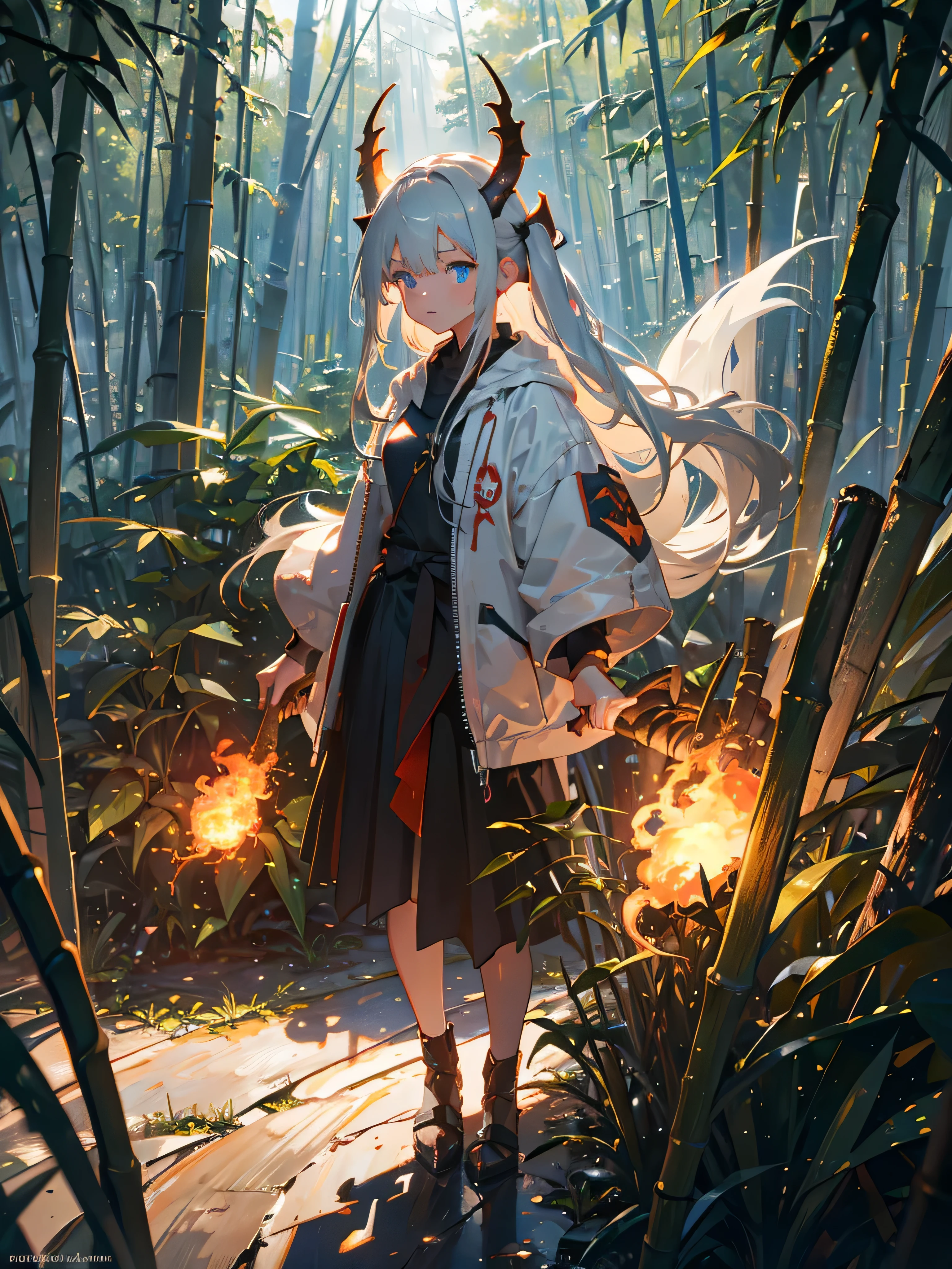 Ray tracing, max quality, ultra detailed, professional color, cinematic lightning, ultra details, masterpiece, a young girl, grey color hair, bangs, floating hair, nude, have glowing blue eyes, dragon horns, holding a fireball in her hand, bamboo forest background