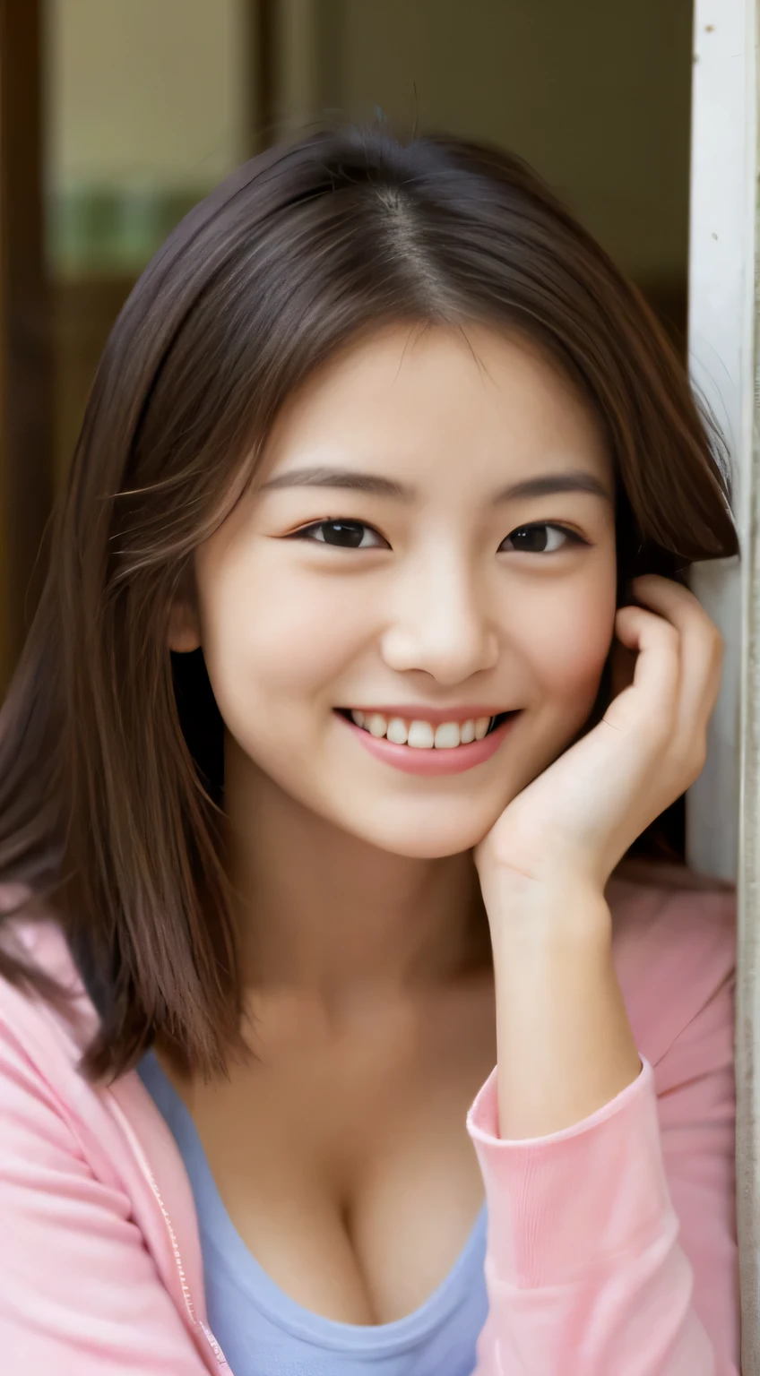 Japanese ),((beautiful girl)),cleavage,An expression that imagines something pleasant:1.2,(perfect body beauty:1.2),((perfect body)),(shy smile),beautiful teeth,