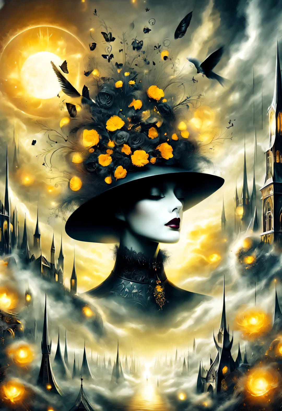 Gothic aesthetic fashion，Gothic clothing was heavily influenced by architecture， Their clothing is mostly characterized by vertical lines and folds..， Make the wearer look slim， And increase the height of the  by raising the hat， Gives people a light and upward feeling。Make the wearer look slim，And increase the height of the  by raising the hat，Gives people a light and upward feeling。red dress with lots of lace、Roses symbolize romance，grave、vampire、witch，