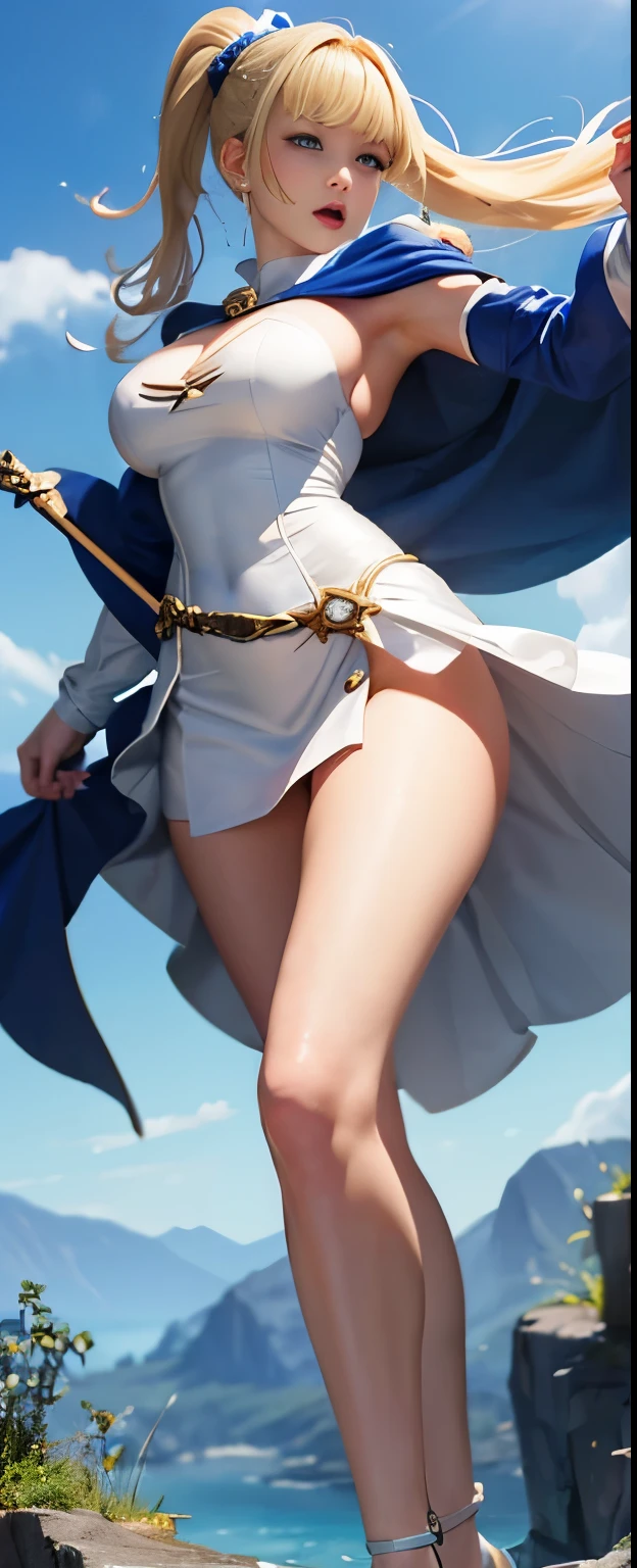 realistic、masterpiece、1 girl、23 years old、beautiful face、embarrassing、positive(female wizard、white one piece dress、blue cloak、skirt that rolls up、The upper body is armored)、(blonde ponytail)、Kick up with one foot、big breasts、beautiful thighs、(panty shot、between the legs)