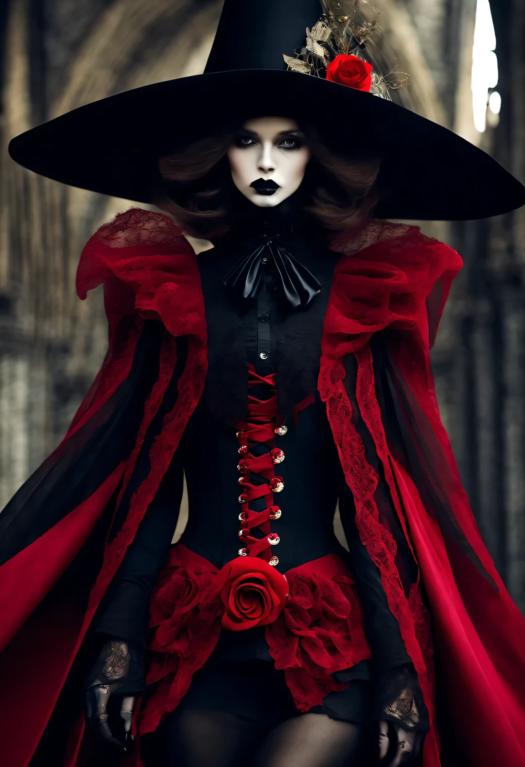 Gothic aesthetic fashion,Gothic clothing was heavily influenced by architecture, Their clothing is mostly characterized by vertical lines and folds.., Make the wearer look slim, And increase the height of the human body by raising the hat, Gives people a light and upward feeling。Make the wearer look slim,And increase the height of the human body by raising the hat,Gives people a light and upward feeling。red dress with lots of lace、Roses symbolize romance,grave、vampire、witch,