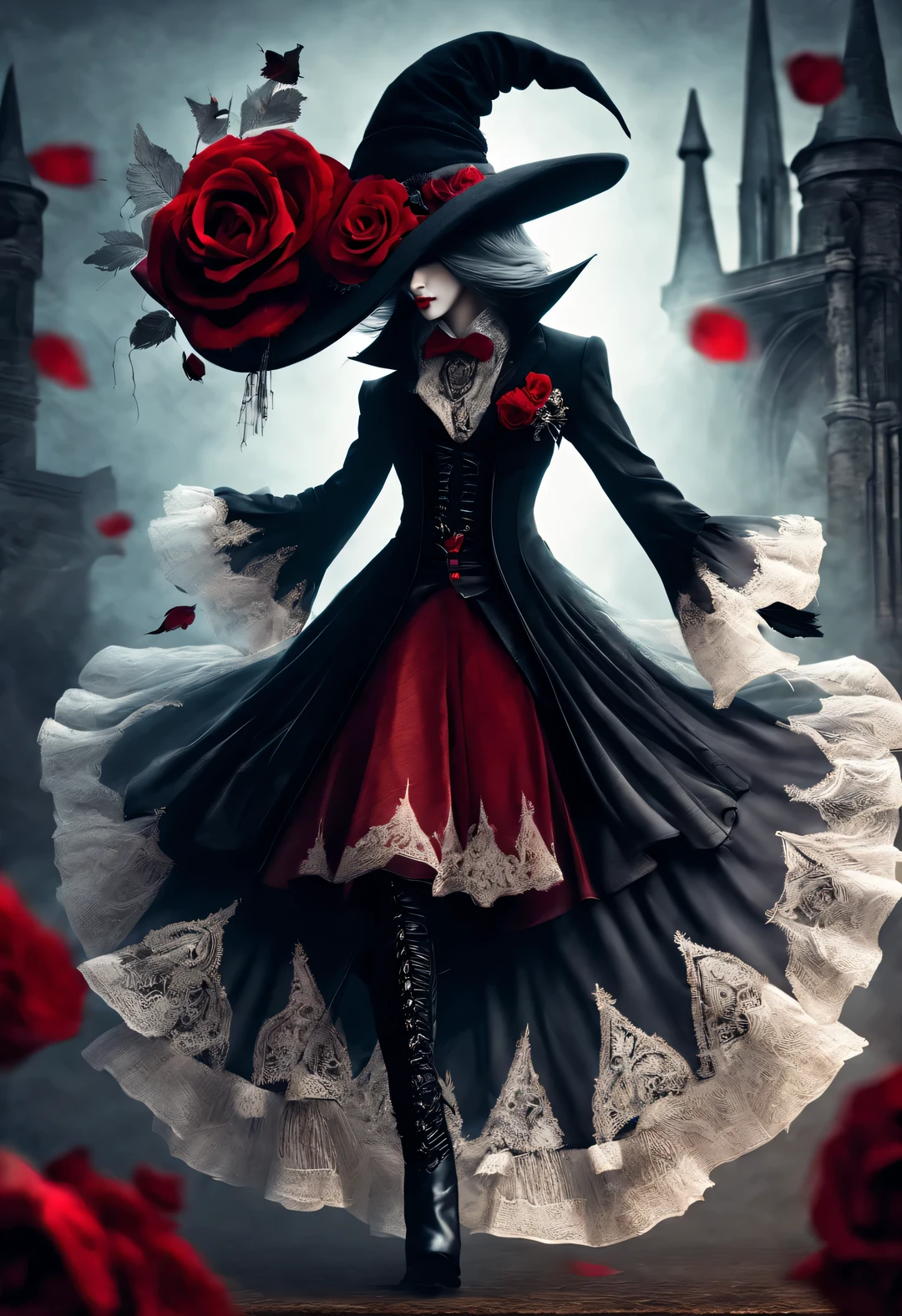 Gothic aesthetic fashion，Gothic clothing was heavily influenced by architecture， Their clothing is mostly characterized by vertical lines and folds..， Make the wearer look slim， And increase the height of the  by raising the hat， Gives people a light and upward feeling。Make the wearer look slim，And increase the height of the  by raising the hat，Gives people a light and upward feeling。red dress with lots of lace、Roses symbolize romance，grave、vampire、witch，
