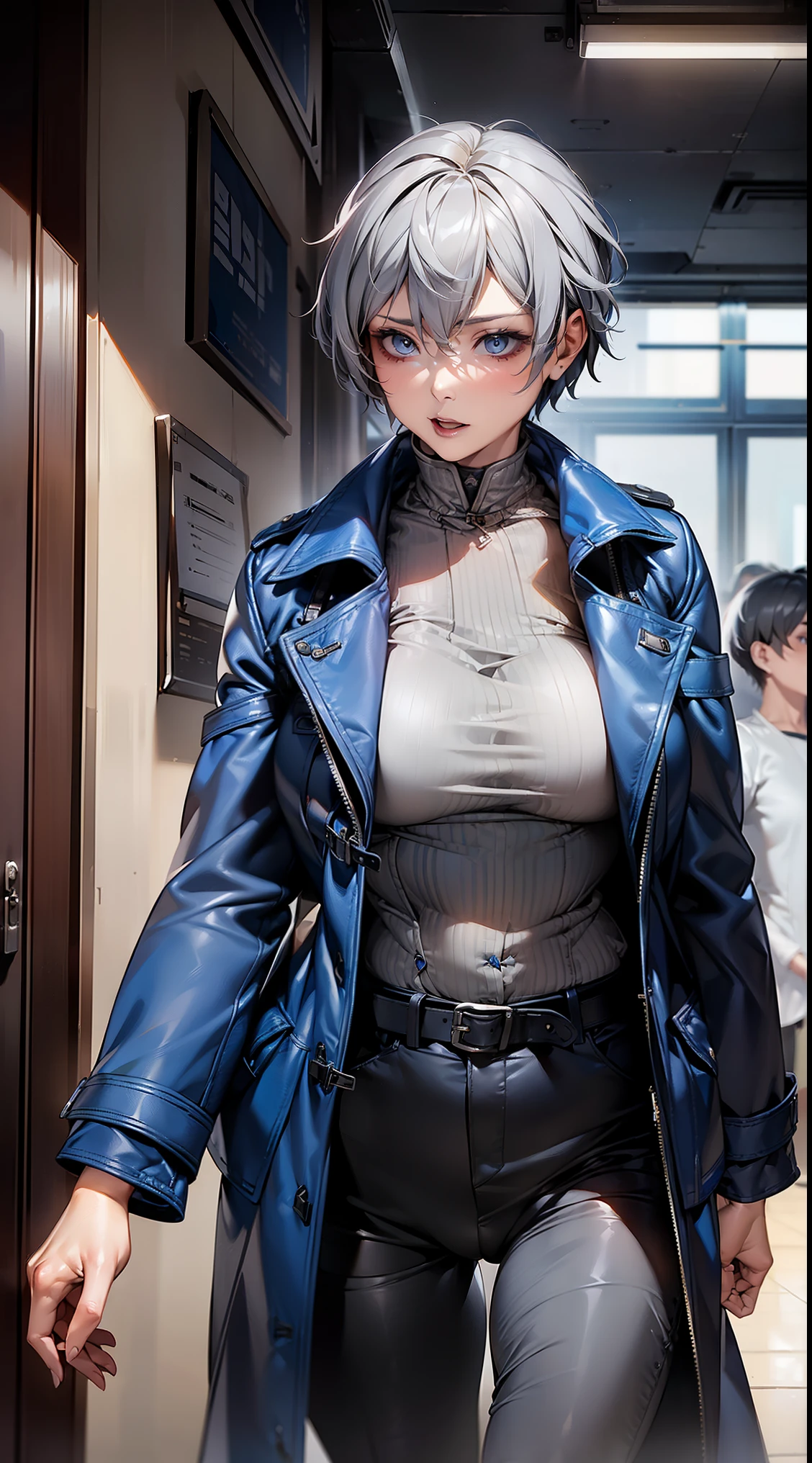 (mature woman1people), (gray hair, ultra short:1.3), blue colored eyes, medium breasts, (Blue leather raincoat), belt, pants, office, masterpiece, high quality, ((NFSW:1.3))