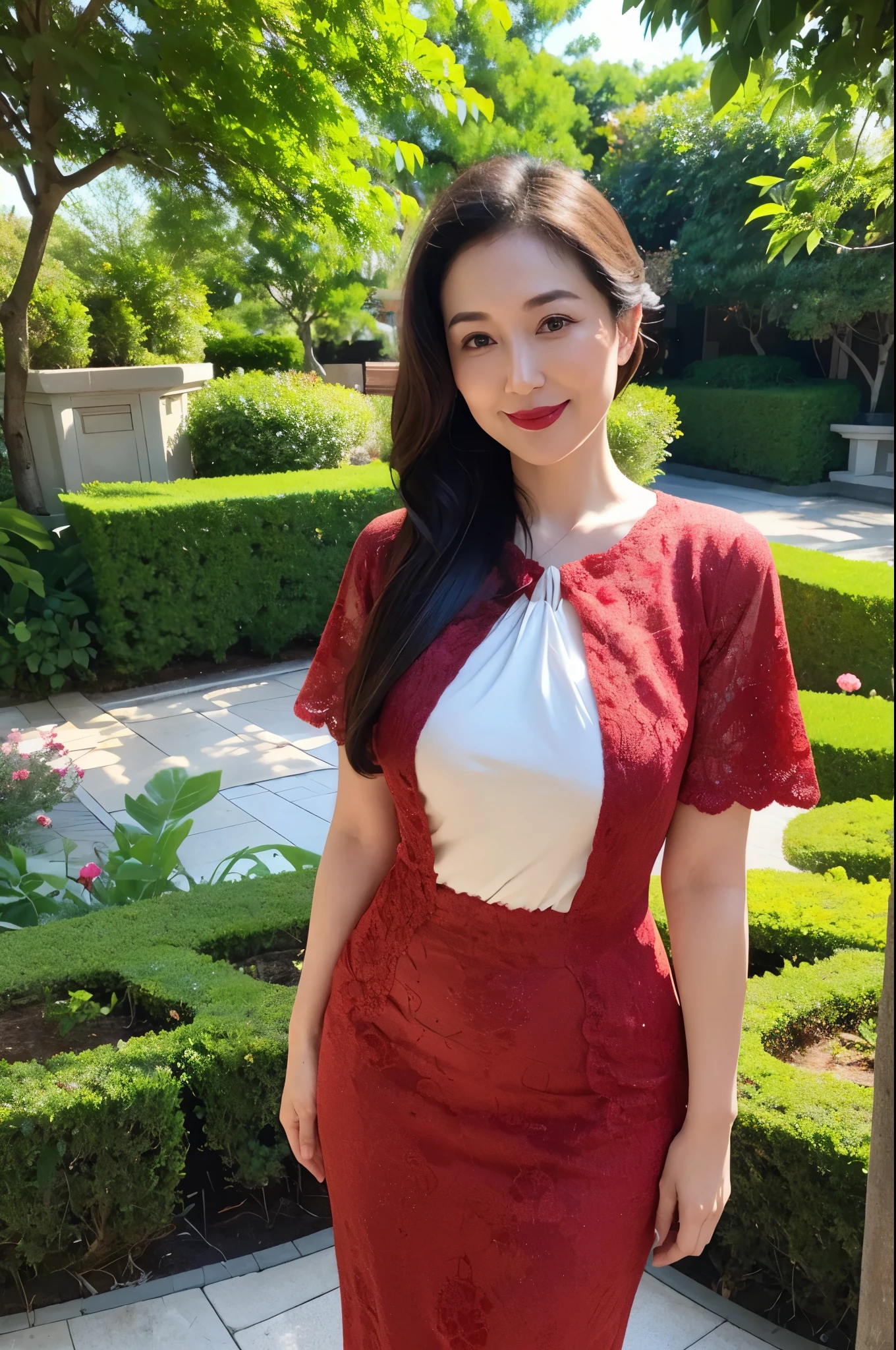 Draw lips correctly, red lipstick, from chest up, best quality, Super detailed, lifelike, Super fine skin, perfect ???????, (1 日本Mature的女人), (alone)，Wear a floral green high-end dress，short sleeve，wavy long hair，37-year-old female，Mature，charming smile，garden background，stand，Slightly fat，medium chest，full-body shot。
